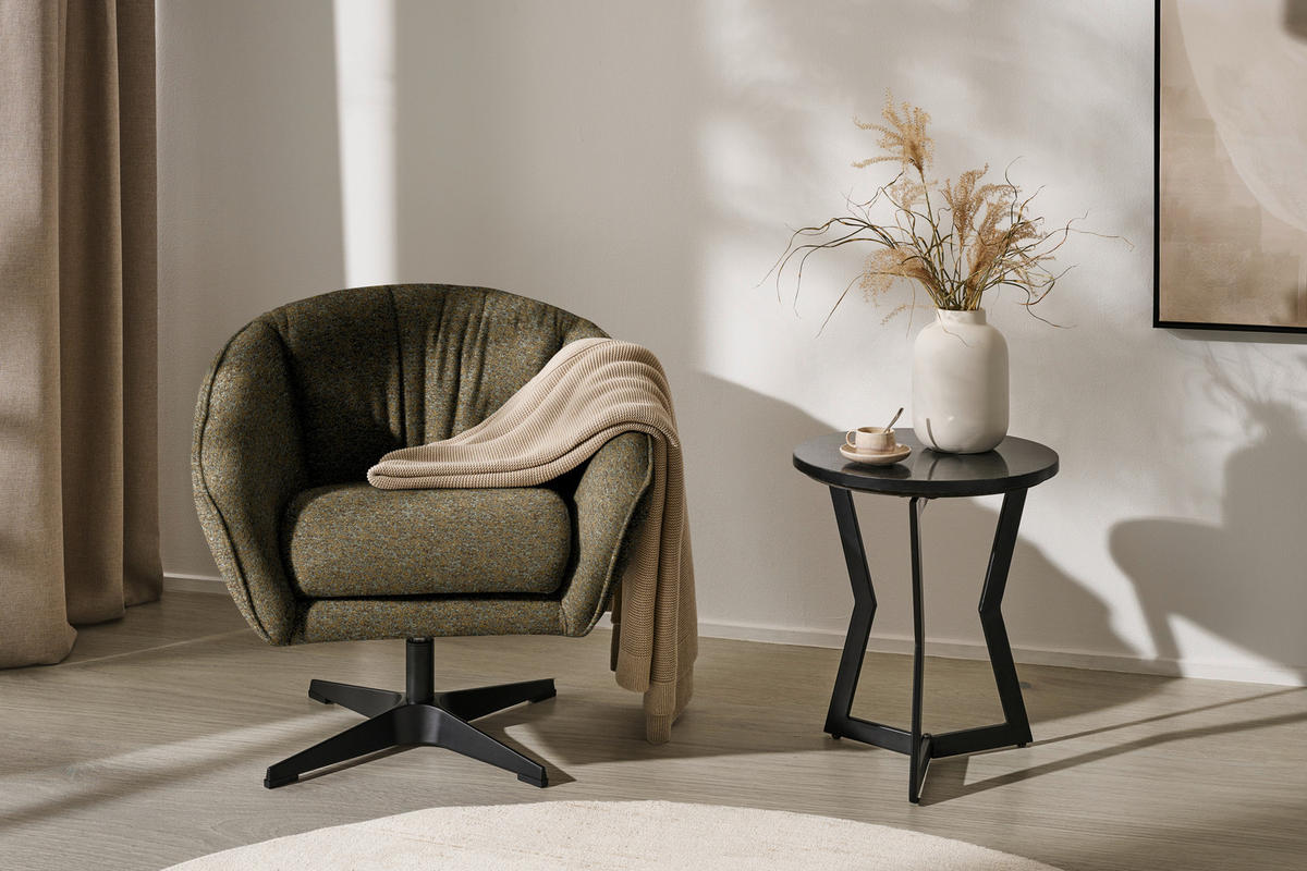 SESSEL in Bouclé Khaki  - Khaki/Schwarz, Design, Textil/Metall (80/78/80cm) - Stylife