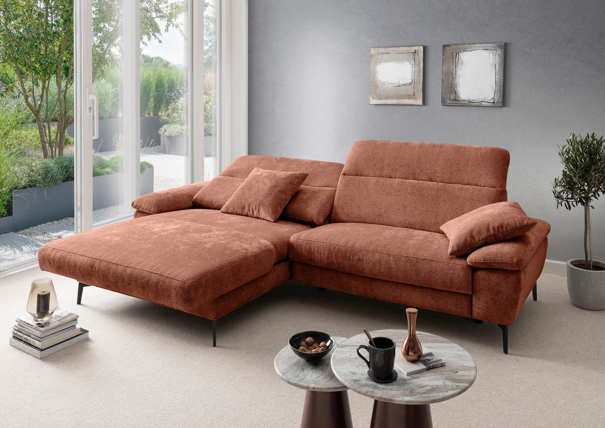 ECKSOFA CANCELLI in Chenille Rostfarben  178/300 cm  - Rostfarben/Schwarz, KONVENTIONELL, Textil/Metall (178/300cm) - Livetastic