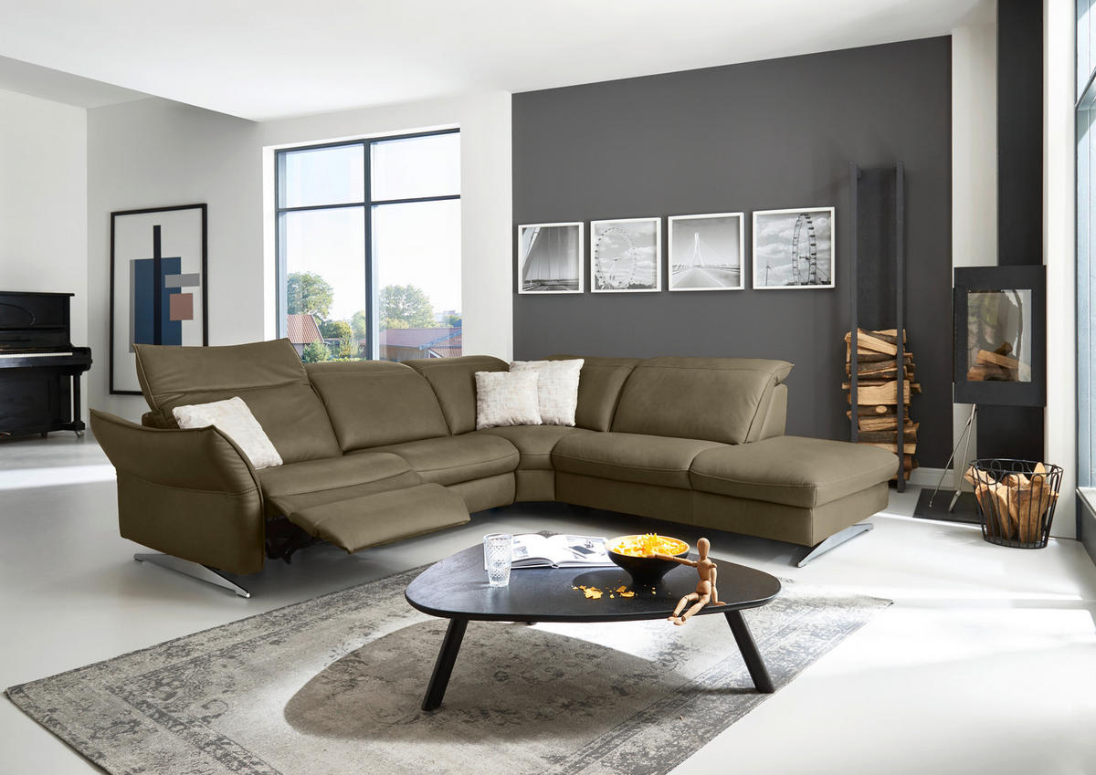 ECKSOFA in Echtleder Mokka  - Edelstahlfarben/Mokka, Design, Leder/Metall (292/258cm) - Hukla