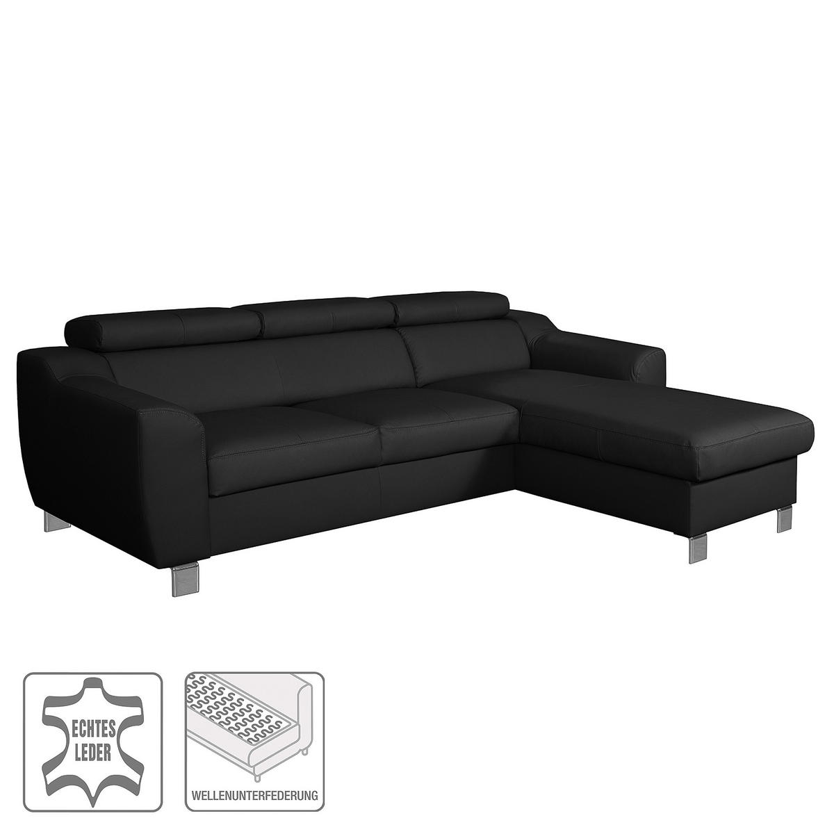 ECKSOFA in Lederlook Echtleder Schwarz  - Chromfarben/Schwarz, Design, Leder/Textil (242/176cm) - Livetastic