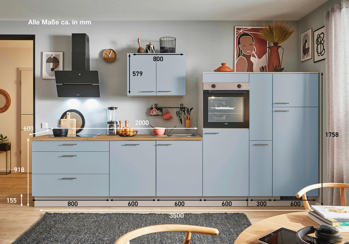 KÜCHENBLOCK PN 105 350 cm  in Eichefarben, Kaschmir, Pastellblau  - Kaschmir/Edelstahlfarben, Design, Holzwerkstoff/Metall (350cm) - Pino