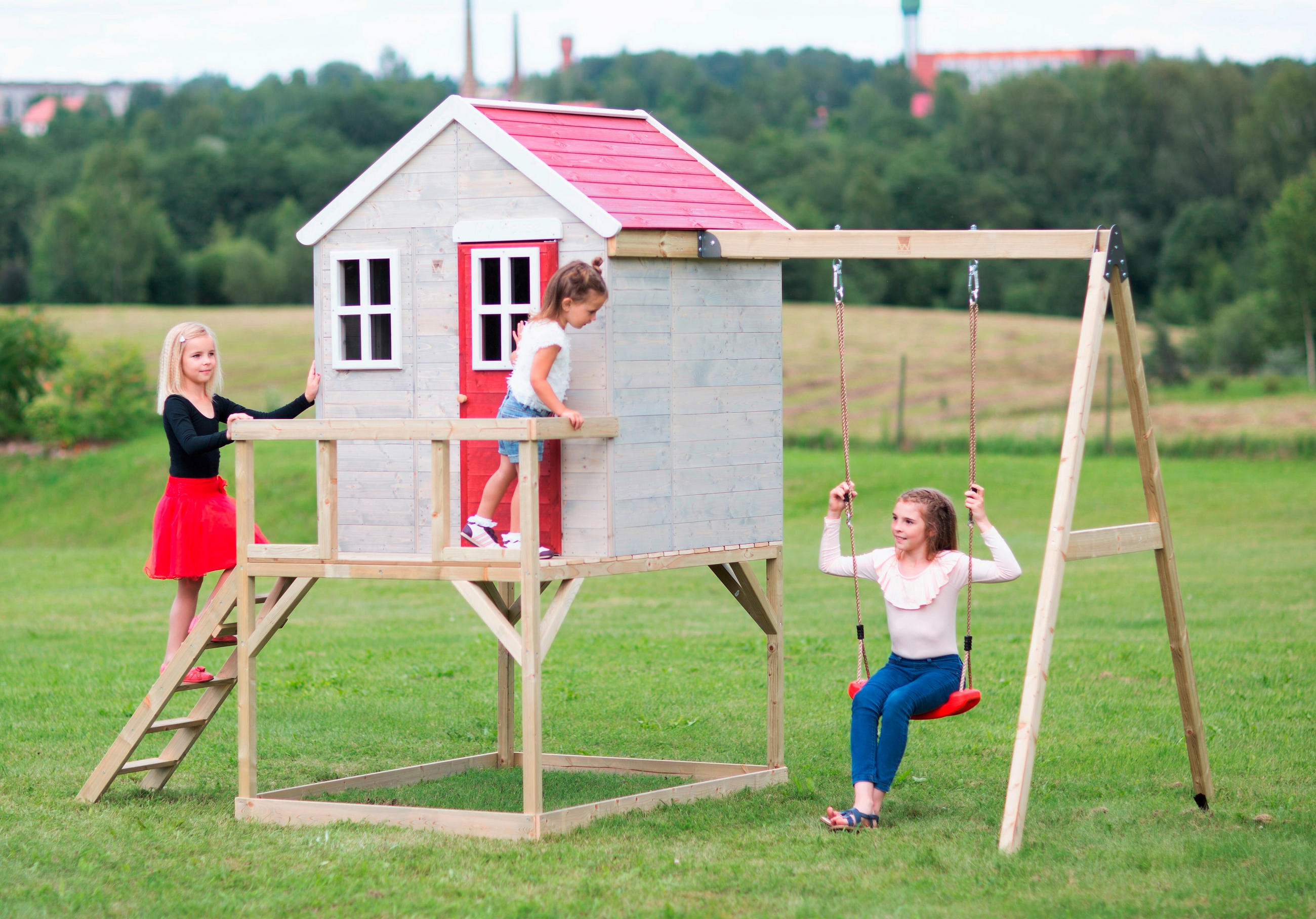 SPIELHAUS 350/242/192 cm  - Rot/Naturfarben, KONVENTIONELL, Holz (350/242/192cm) - Ambia Garden