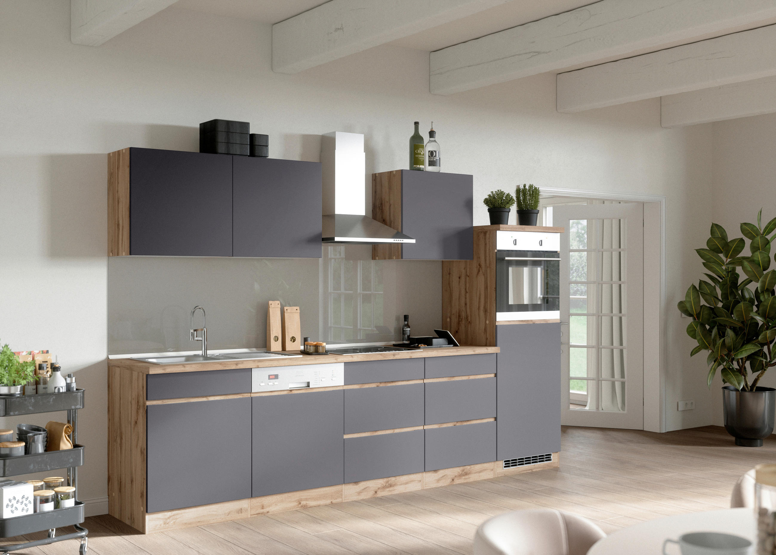 Küchenzeile Turin Ohne Geräte B: 300 Cm Grau/eiche Dekor