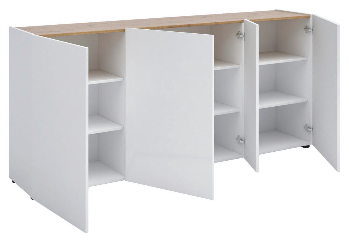ŠIROKÁ KOMODA, barvy dubu, vysoce lesklá bílá, 203/92/40 cm - barvy dubu/černá, Design, kompozitní dřevo/plast (203/92/40cm) - Xora