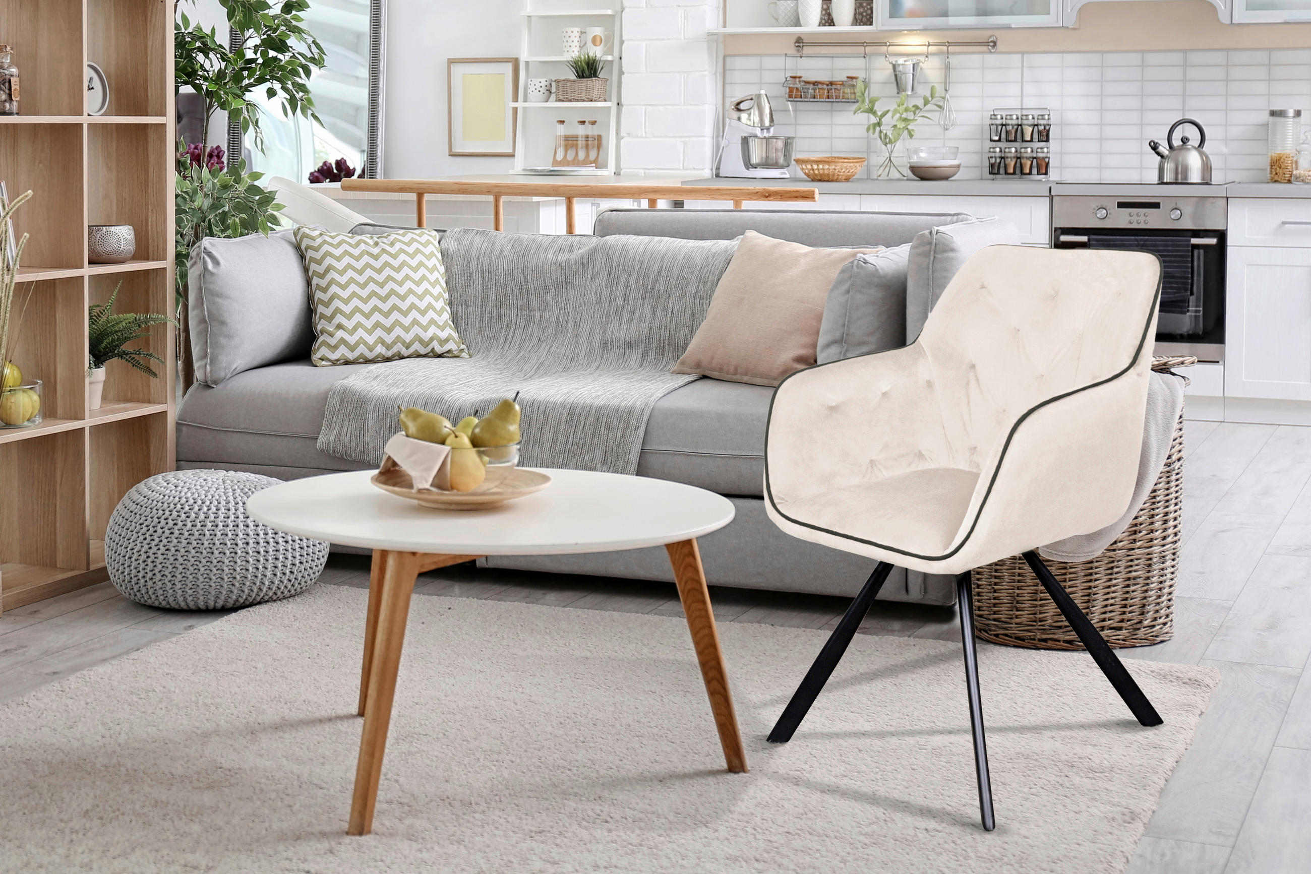 ŽIDLE S PODRUČKAMI, samet, krémová - černá/krémová, Moderní, kov/textil (60/85,5/57,5cm) - MID.YOU