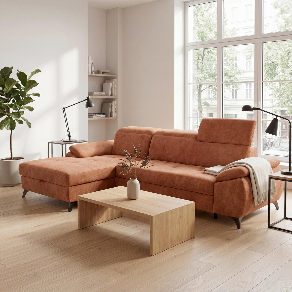 ECKSOFA TAOS Rostfarben Struktur Bettkasten, Kopfstütze  - Rostfarben/Schwarz, Basics, Holz/Textil (281/166cm) - MID.YOU
