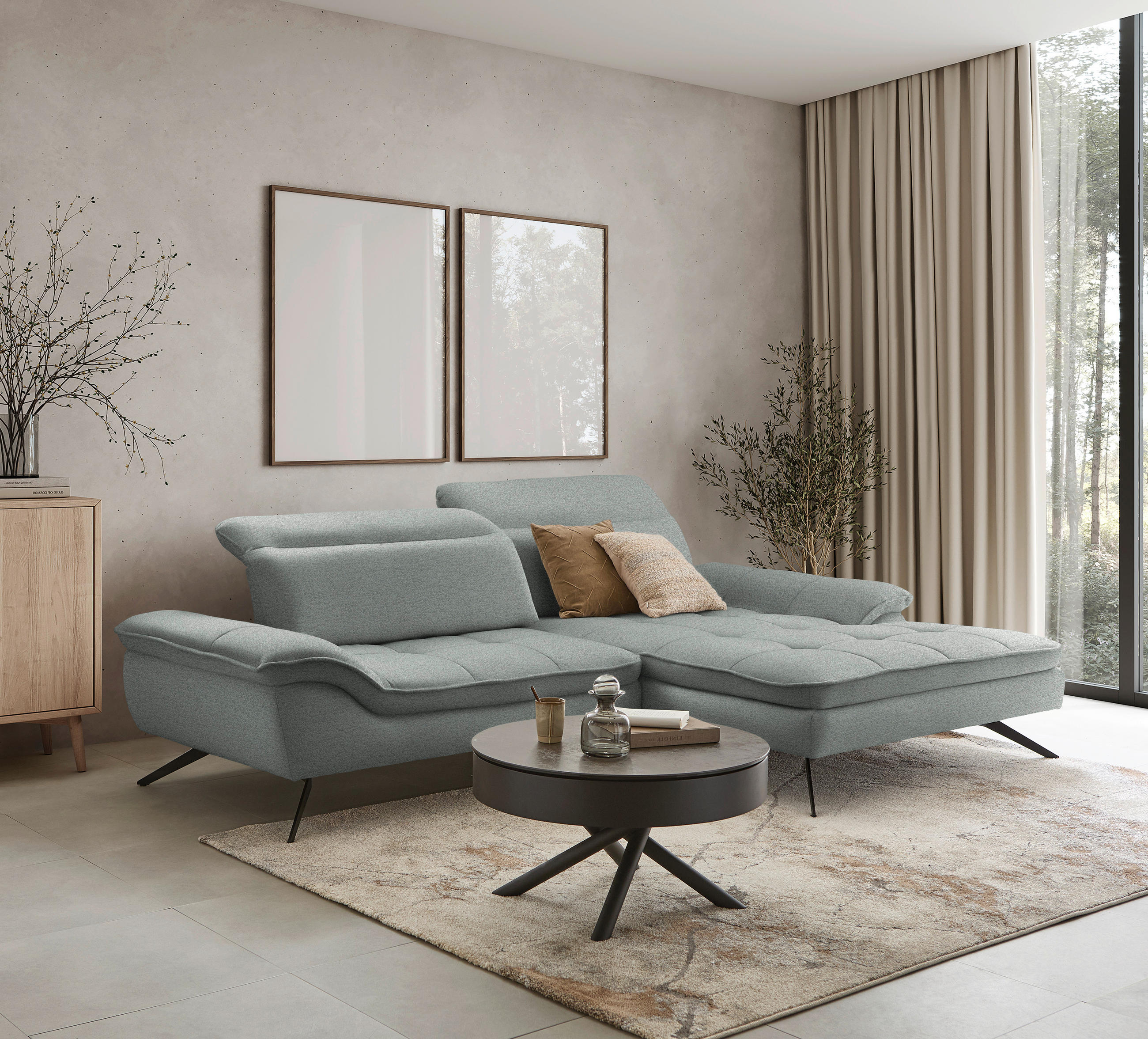 ECKSOFA in Chenille Hellgrau  - Hellgrau/Schwarz, Design, Textil/Metall (288/179-202cm) - Stylife