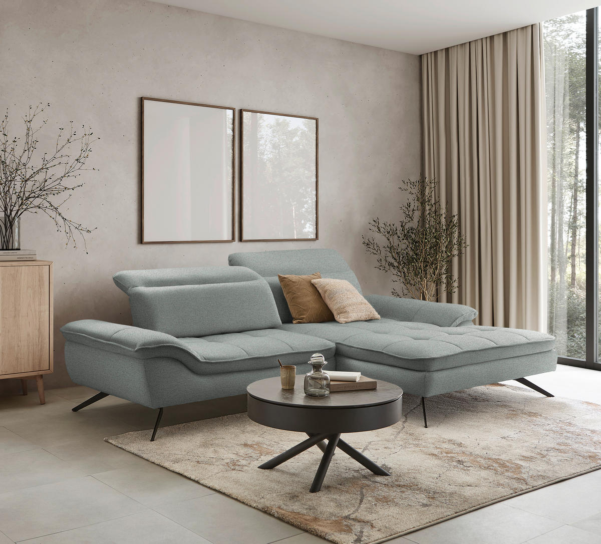 KUTNA GARNITURA tekstil  svijetlo siva   - svijetlo siva/crna, Design, tekstil/metal (288/179-202cm) - Stylife