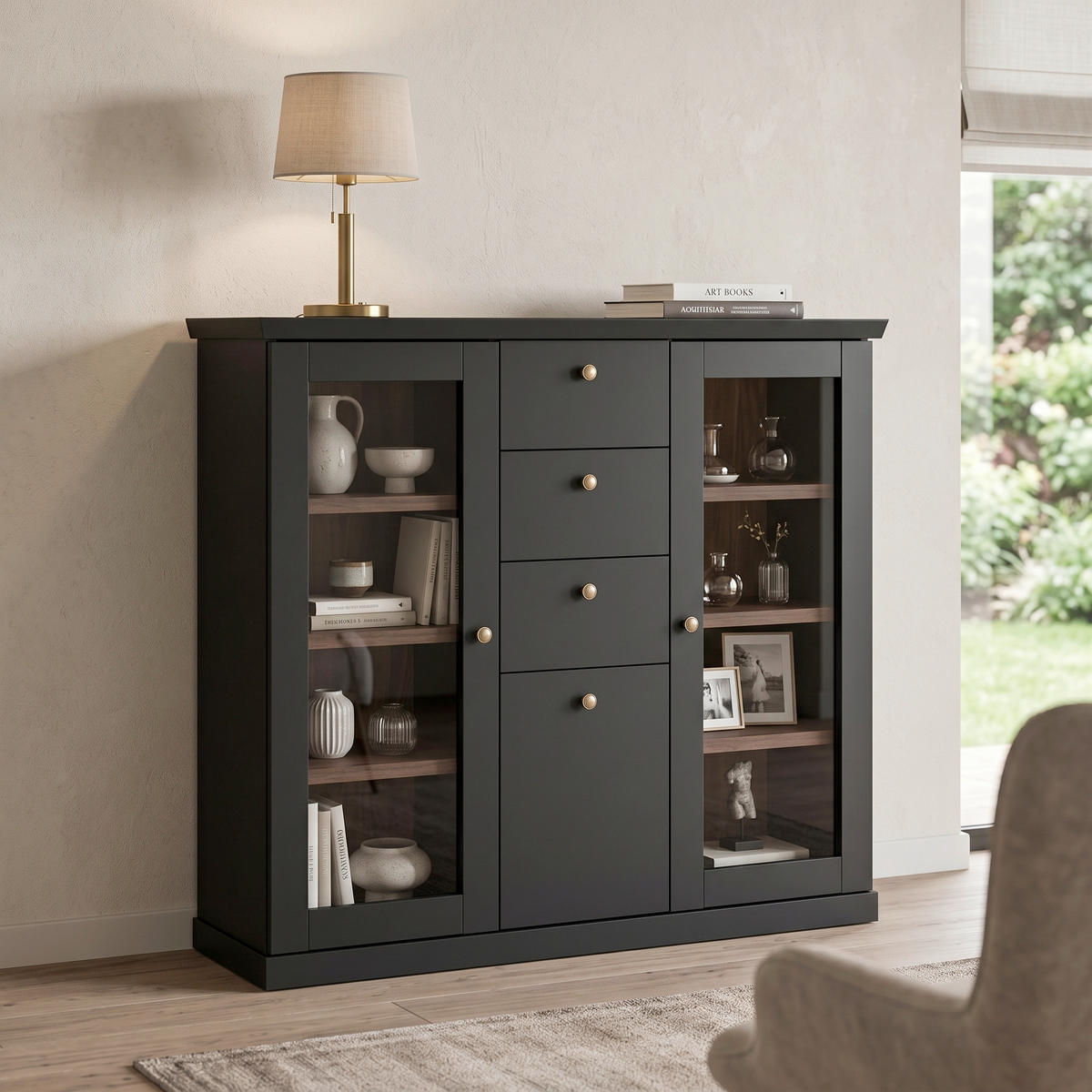 HIGHBOARD , 129/118/42 cm, 3 Schublade(n)  - Eichefarben/Schwarz, Design, Glas/Holzwerkstoff (129/118/42cm) - MID.YOU