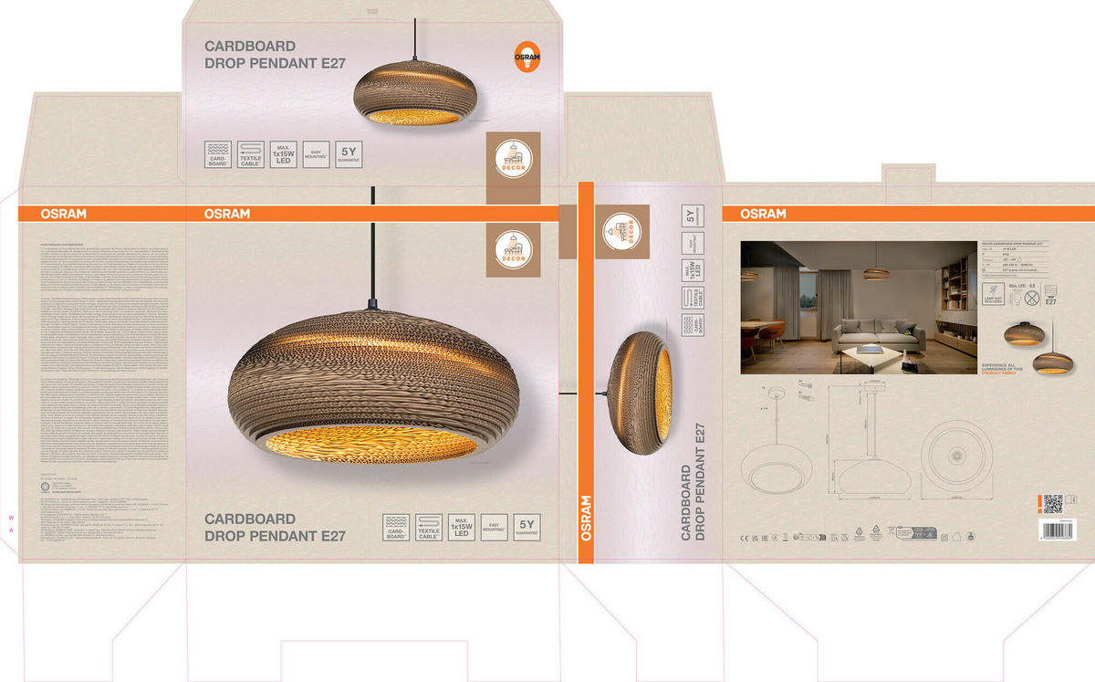 HÄNGELEUCHTE 40/125 cm  - Braun, Natur, Karton/Metall (40/125cm) - Osram