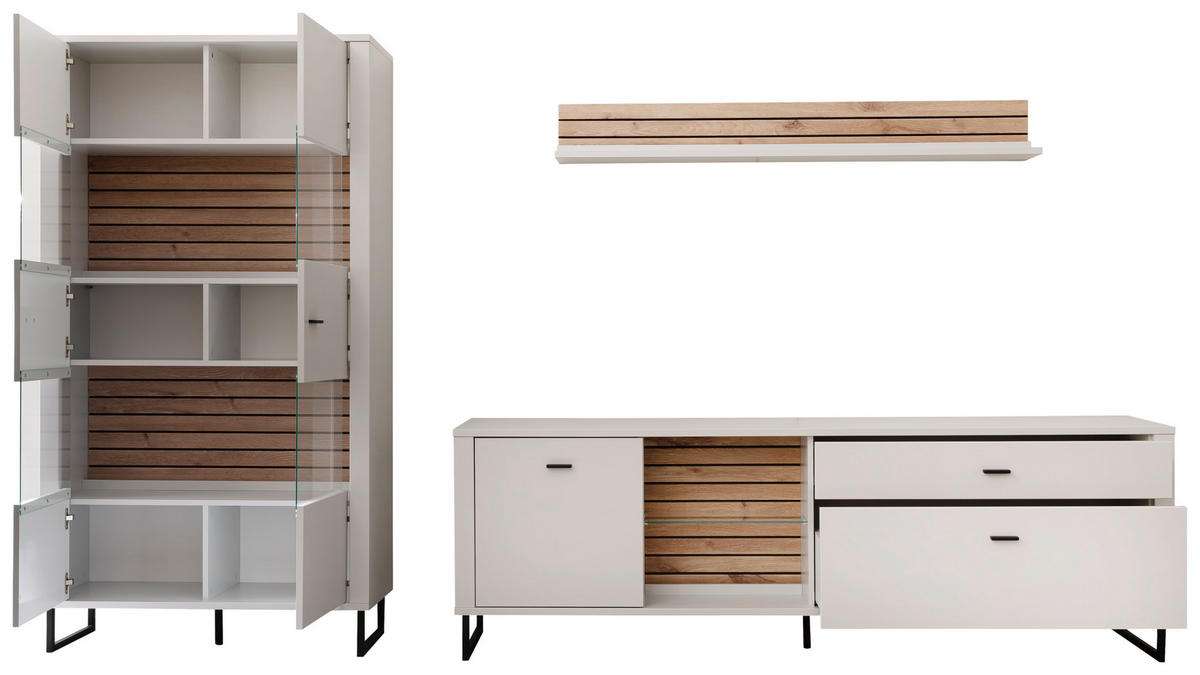 WOHNWAND  in Weiss, Eichefarben 326/185/44 cm  - Weiss/Eichefarben, Design, Glas/Holzwerkstoff (326/185/44cm) - Stylife