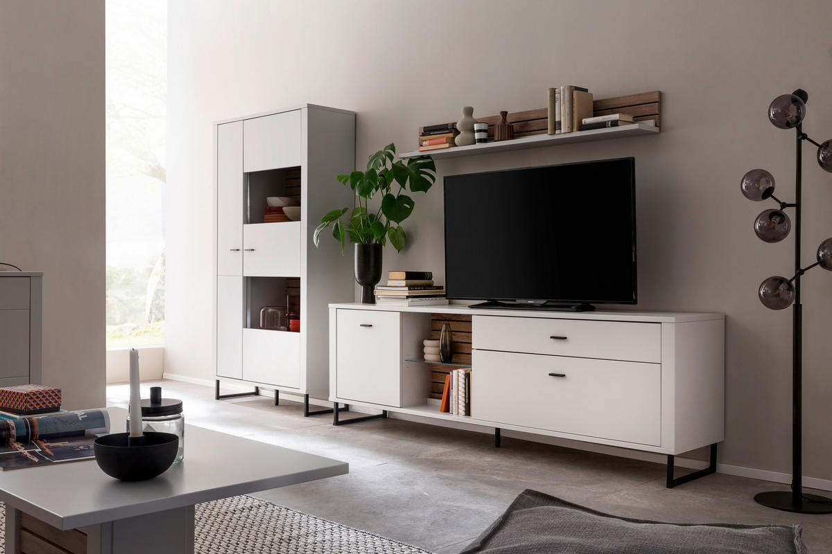 WOHNWAND  in Weiss, Eichefarben 326/185/44 cm  - Weiss/Eichefarben, Design, Glas/Holzwerkstoff (326/185/44cm) - Stylife