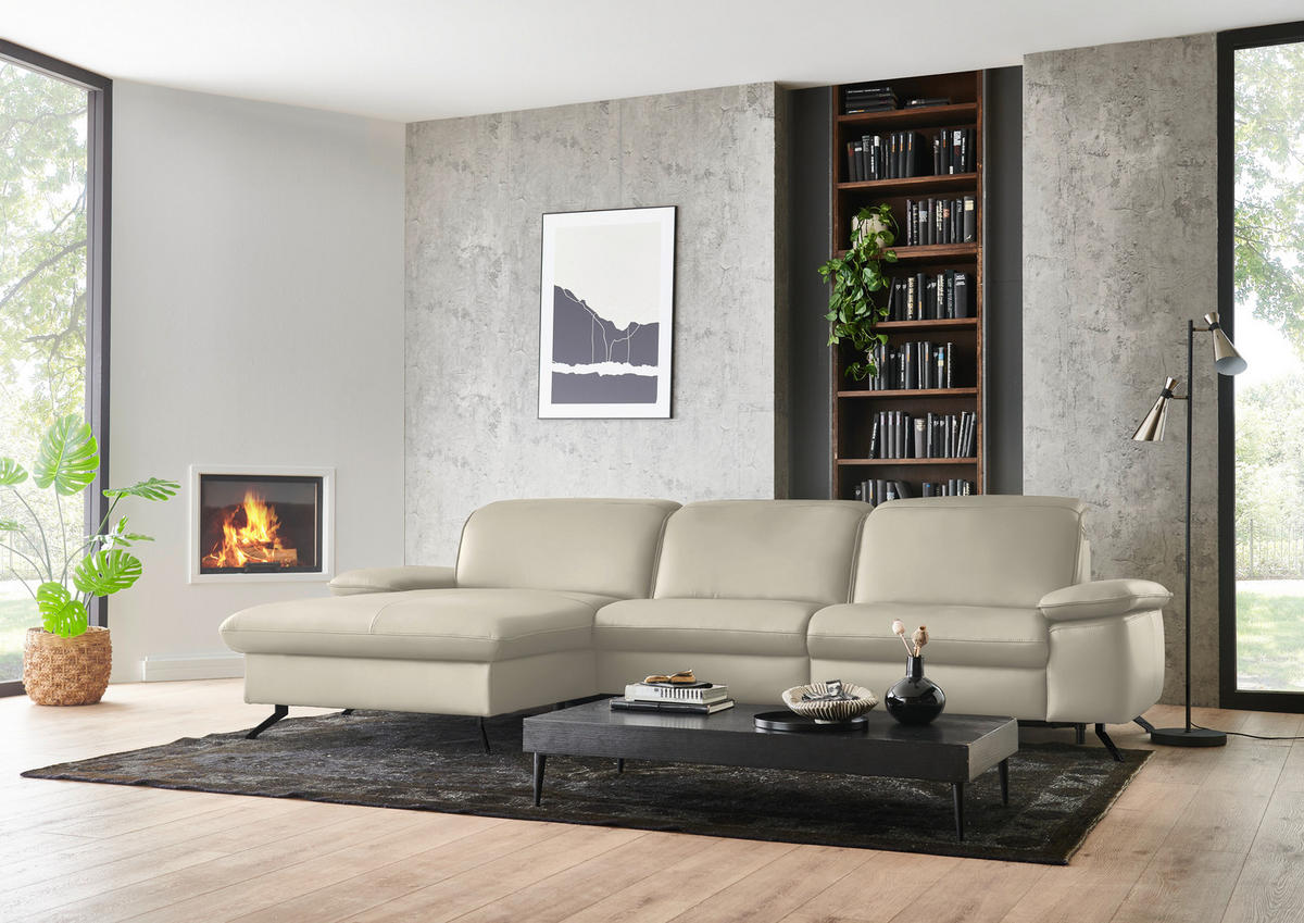 ECKSOFA  Echtleder Ecru  - Ecru/Schwarz, Design, Leder/Metall (169/307cm) - Beldomo Premium
