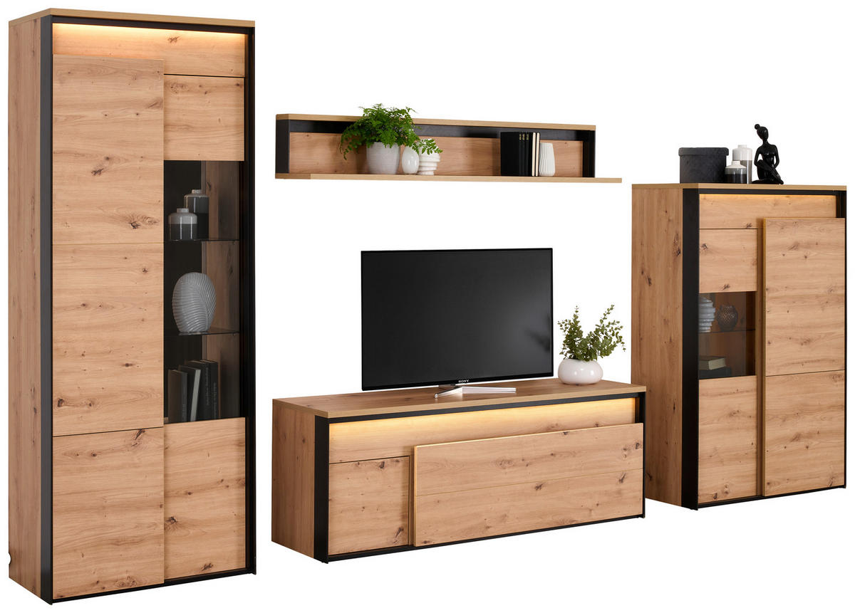 VITRINE Schwarz, Eiche Artisan  76/200/41 cm  - Schwarz/Eiche Artisan, Design, Glas/Holzwerkstoff (76/200/41cm) - Hom`in