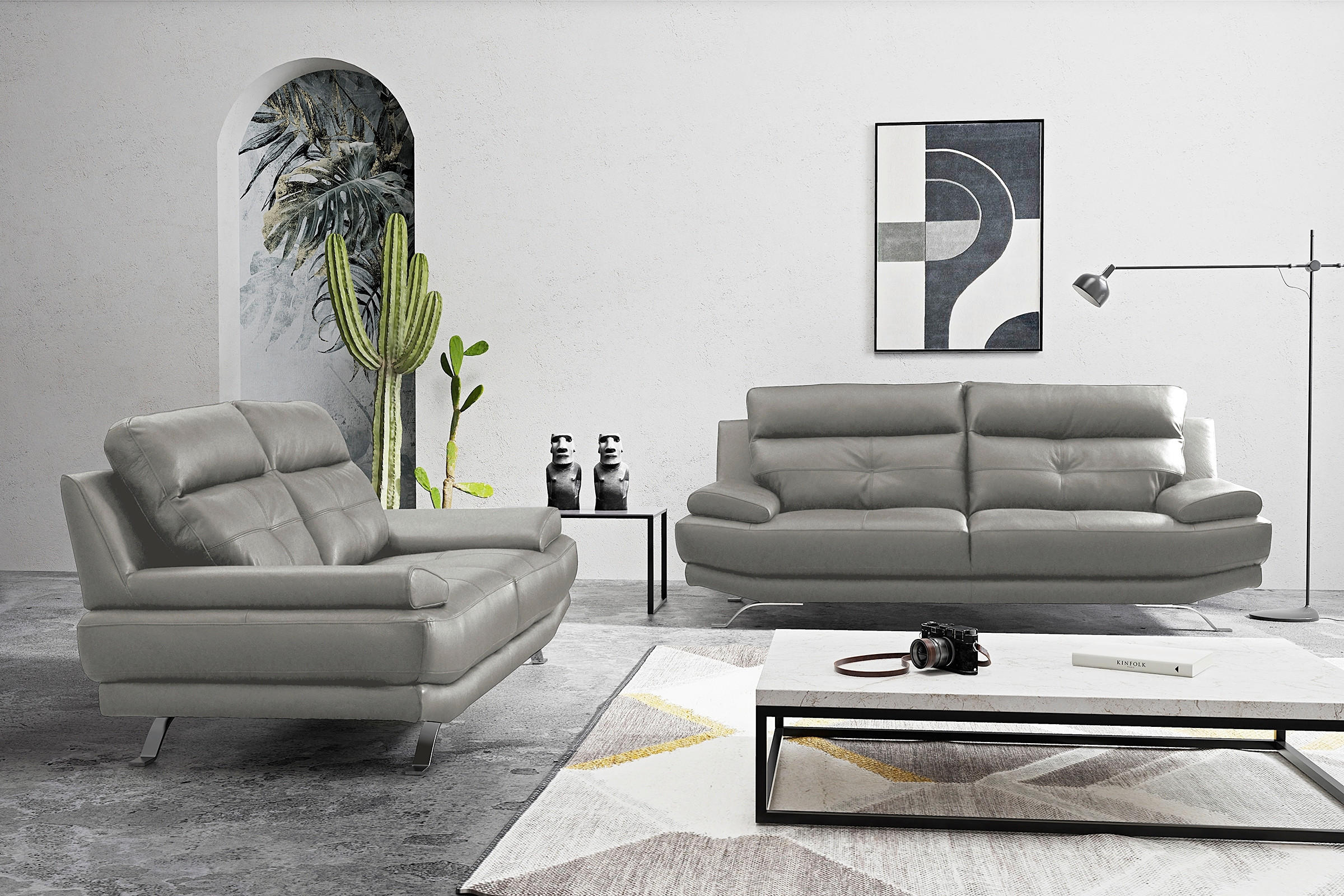 3-SITZER-SOFA Echtleder Grau  - Chromfarben/Grau, Design, Leder/Metall (225/92/99cm) - Livetastic