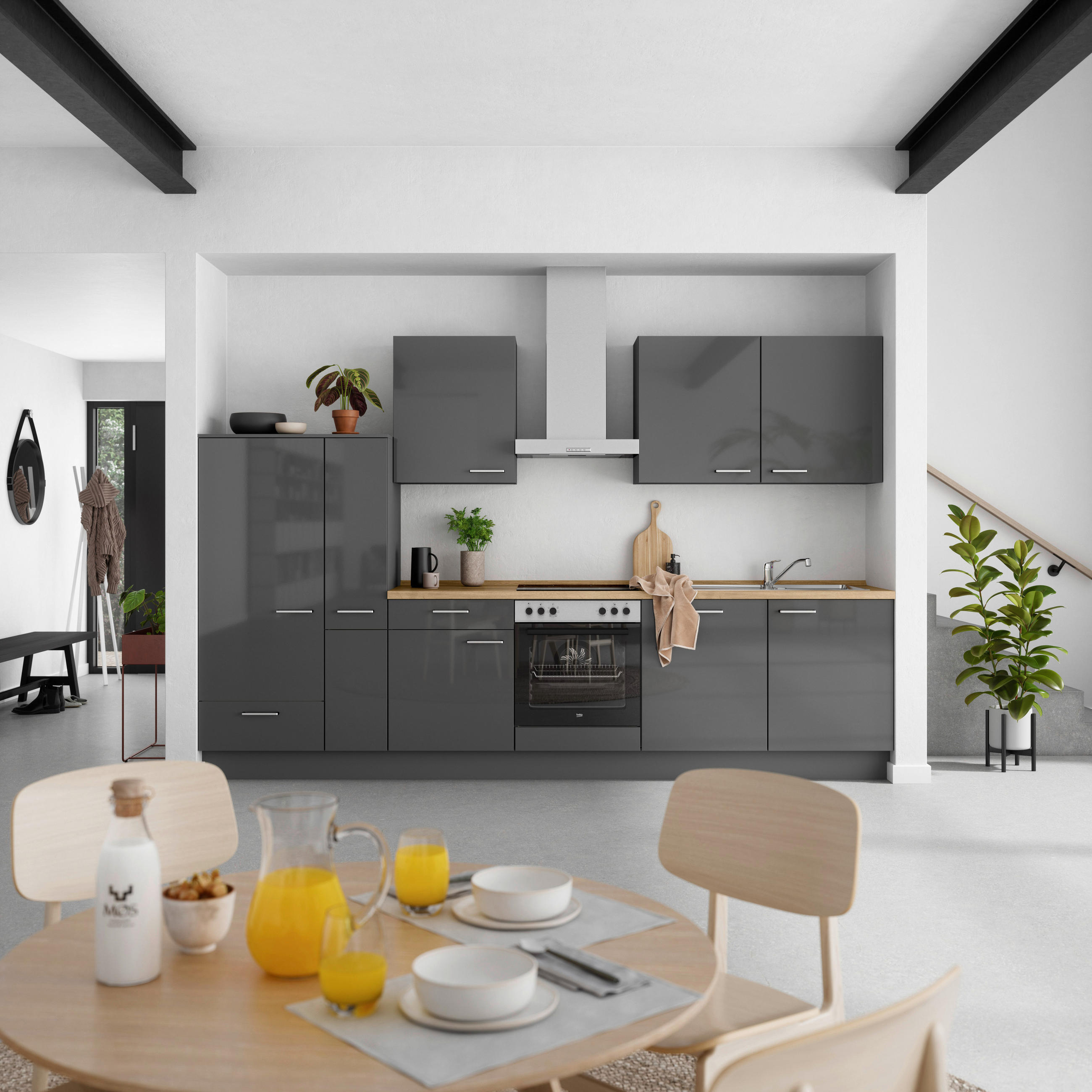KÜCHENBLOCK Flash 330 cm  in Eichefarben, Schieferfarben  - Schieferfarben/Edelstahlfarben, MODERN, Holzwerkstoff/Metall (330cm) - Nobilia