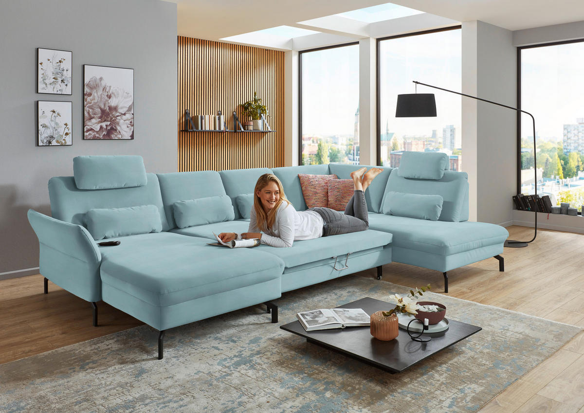 WOHNLANDSCHAFT in Velours Blau  - Blau/Schwarz, Design, Textil/Metall (179/335/220cm) - Beldomo System