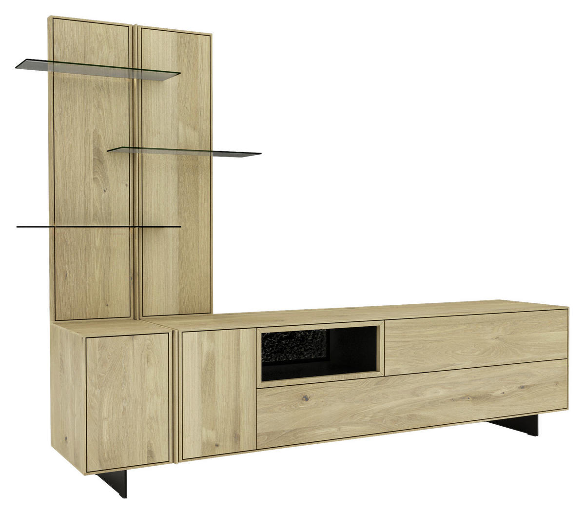 WOHNWAND  in Eichefarben  248/183/50 cm  - Eichefarben/Schwarz, Natur, Glas/Leder (248/183/50cm) - Cassando