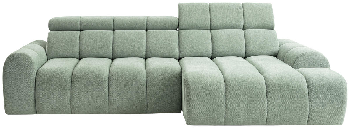 ECKSOFA Salbeigrün Chenille Bettkasten, Rücken echt, Kopfteilverstellung, Sitzvorzug  - Salbeigrün/Schwarz, Design, Kunststoff/Textil (290/152cm) - Stylife
