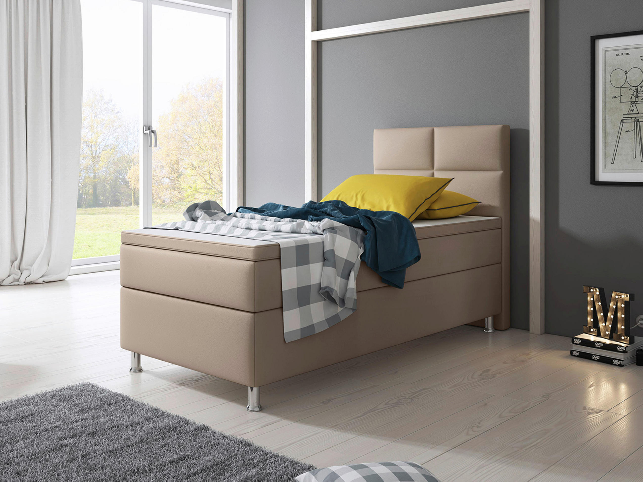 Boxspringbett mit Topper  in Cappuccino  - Silberfarben/Cappuccino, KONVENTIONELL, Leder/Textil (90/115/210cm) - MID.YOU