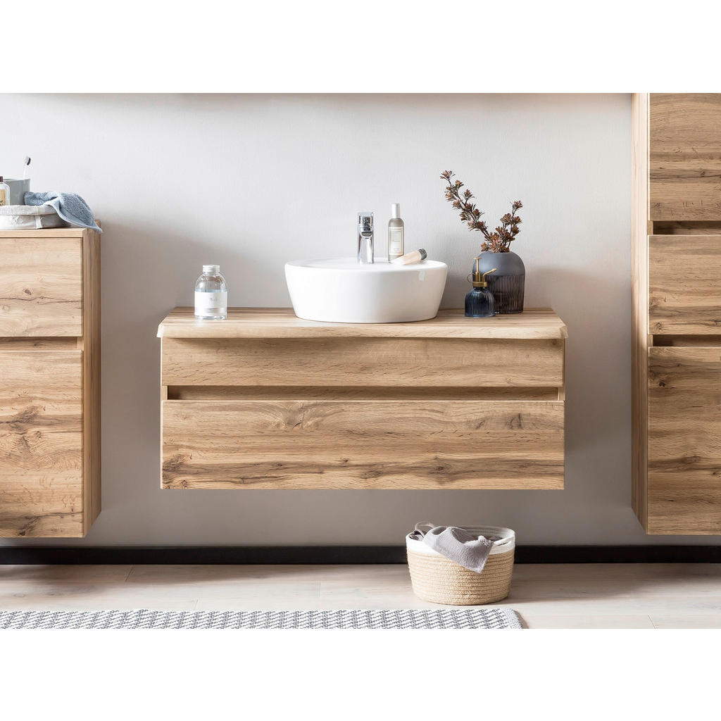 Thumbnail - Xora Waschtischkombi Bogen, Eiche Wotan, Holzwerkstoff, 2 Schubladen, einzeln stellbar, 101 cm, Made in Germany, hängend...
