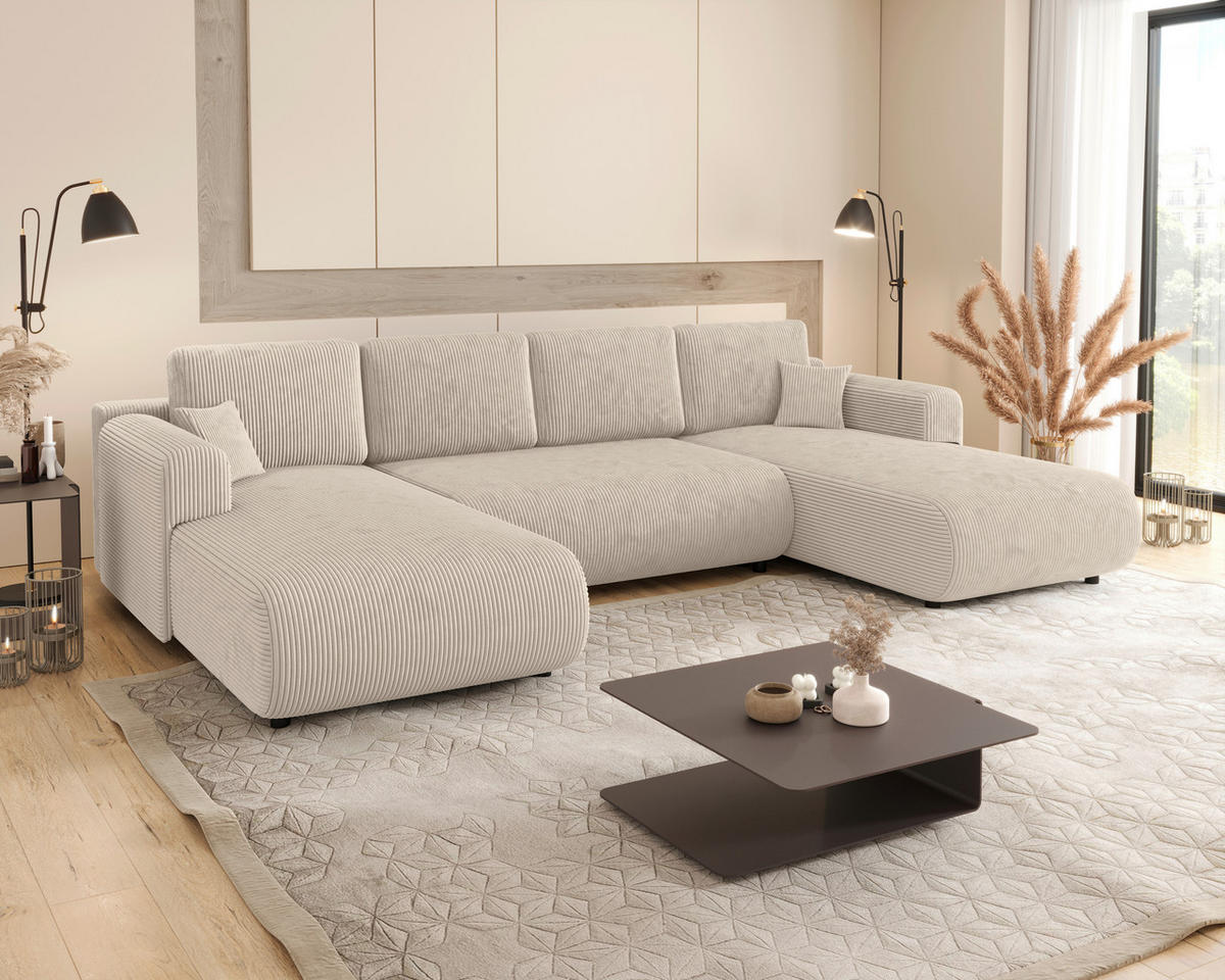 Wohnlandschaft inkl. Funktion Creme Cord  - Creme/Schwarz, KONVENTIONELL, Textil (200/360/200cm) - Xora