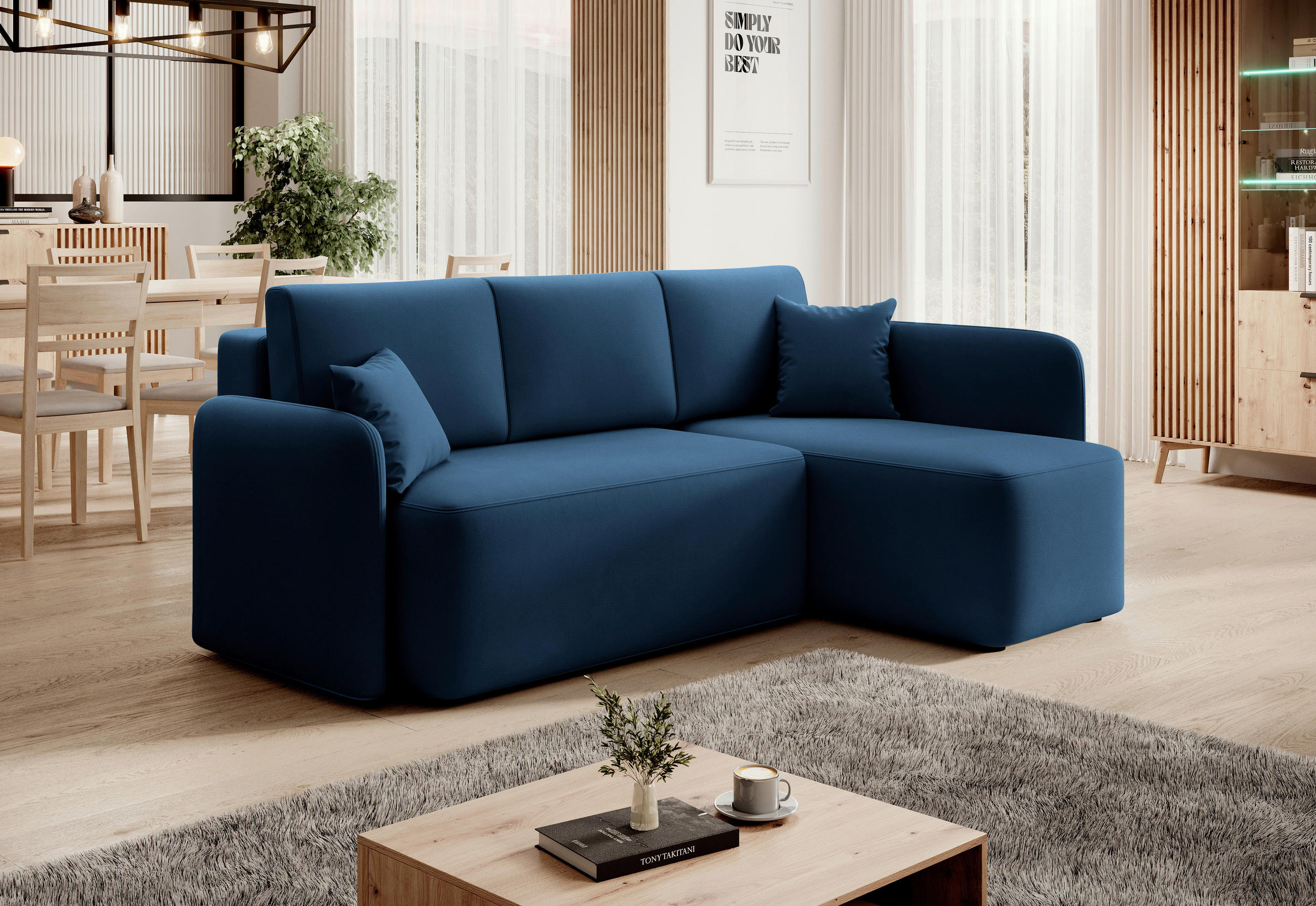 ECKSOFA Plüsch Blau  - Blau/Schwarz, Design, Kunststoff/Textil (206/150cm) - MID.YOU