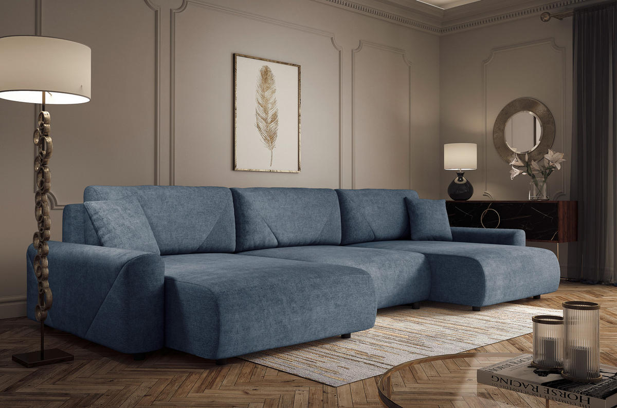 Wohnlandschaft inkl.Funktionen Blau Webstoff  - Blau/Schwarz, MODERN, Kunststoff/Textil (168/337/168cm) - Stylife