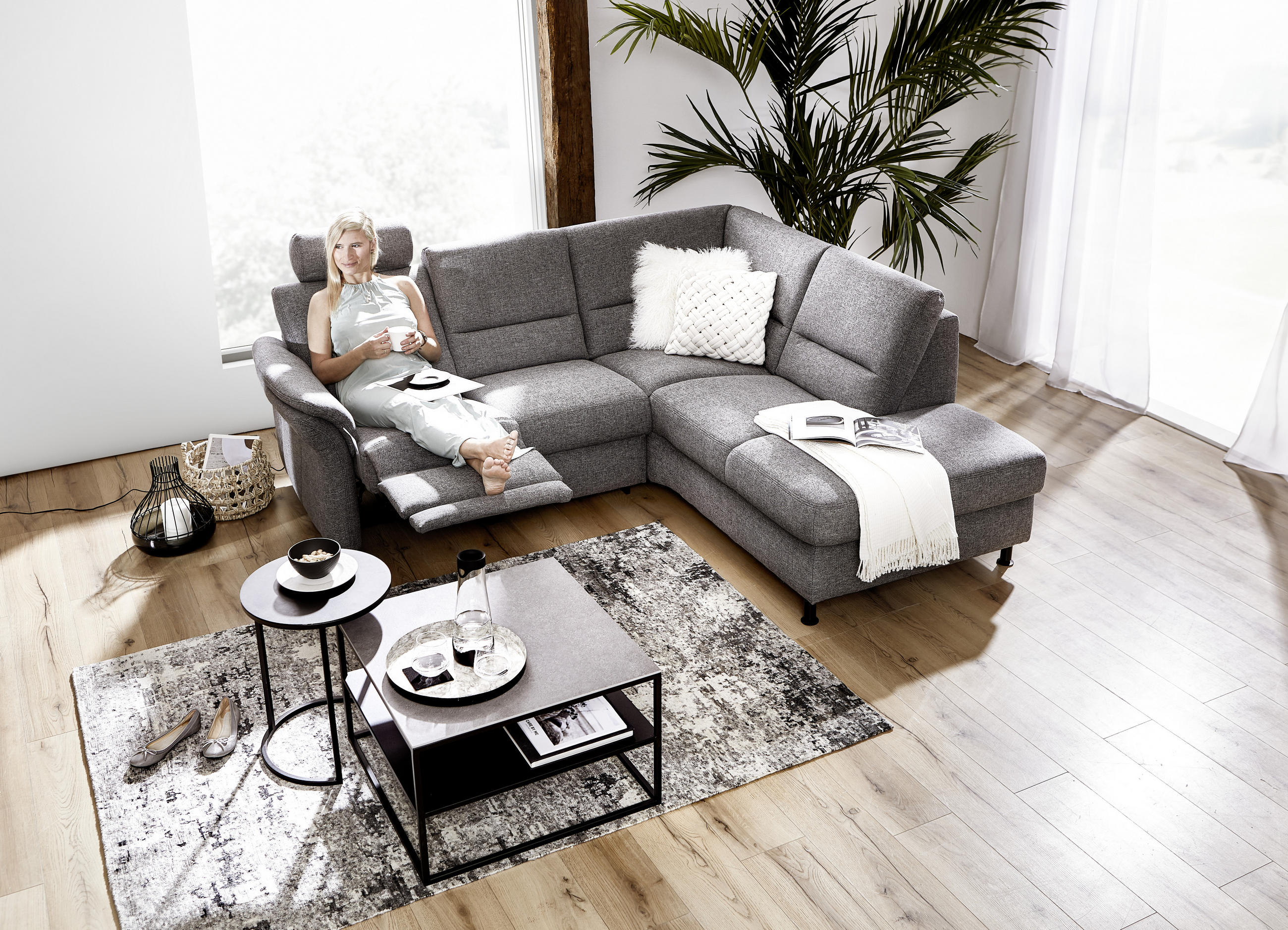 ECKSOFA Grau Flachgewebe - Schwarz/Grau, Design, Textil/Metall (227/203cm) - Beldomo System
