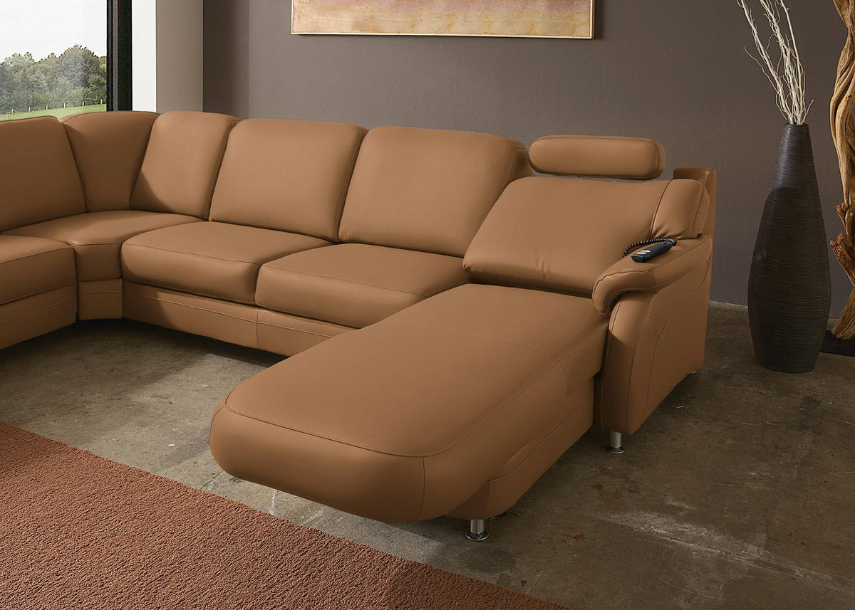 WOHNLANDSCHAFT Echtleder Hellbraun  - Hellbraun/Alufarben, Konventionell, Leder/Metall (239/329/165cm) - Beldomo Premium