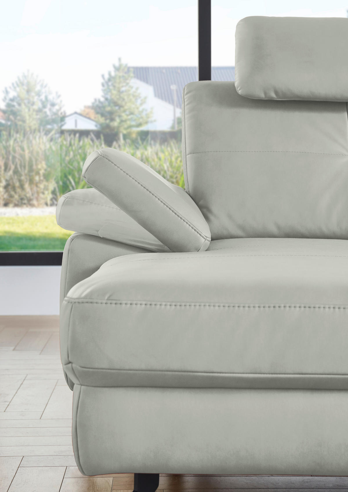 WOHNLANDSCHAFT in Lederlook, Mikrofaser Hellgrau  - Hellgrau/Schwarz, Design, Textil/Metall (179/343/220cm) - Beldomo System