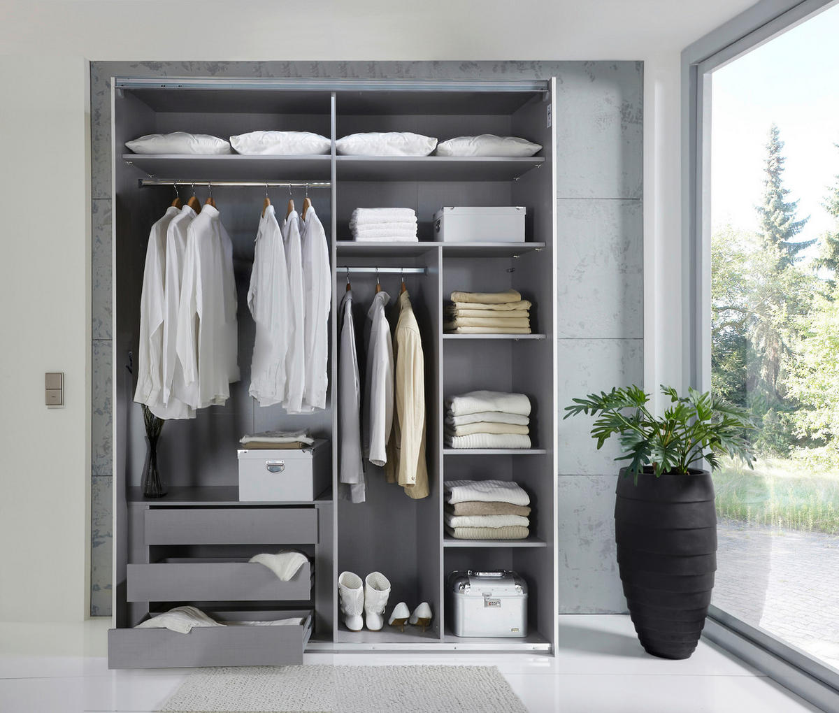 SCHWEBETÜRENSCHRANK 200/216/65 cm 2-türig Sahara, Grau  - Schwarz/Grau, KONVENTIONELL, Glas/Holzwerkstoff (200/216/65cm) - Stylife