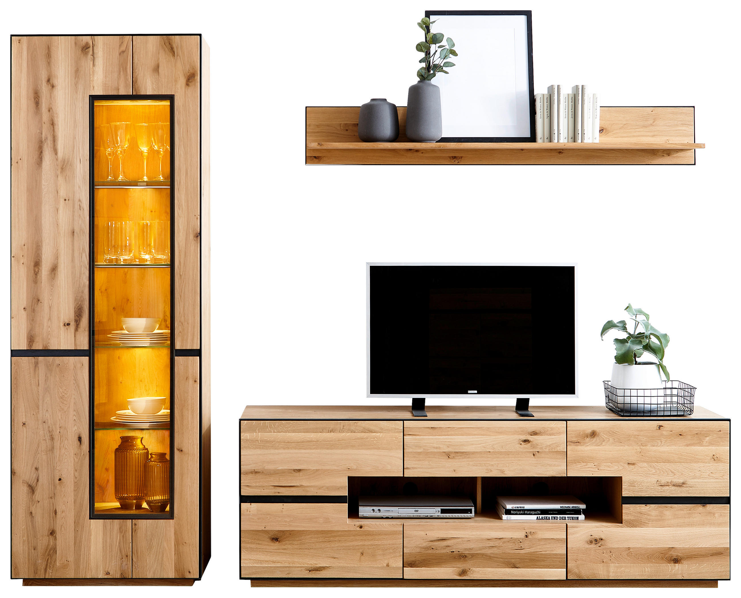 WOHNWAND Wildeiche furniert, massiv, teilmassiv - Anthrazit, KONVENTIONELL, Glas/Holz (270/203/47cm) - Linea Natura