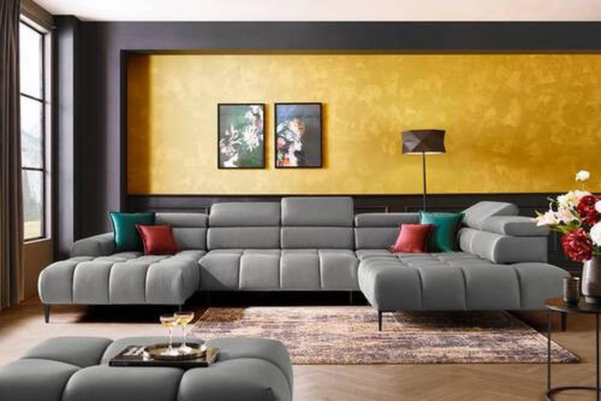 ECKSOFA in Webstoff Grau   - Schwarz/Grau, Design, Textil/Metall (216/385/177cm) - Welnova
