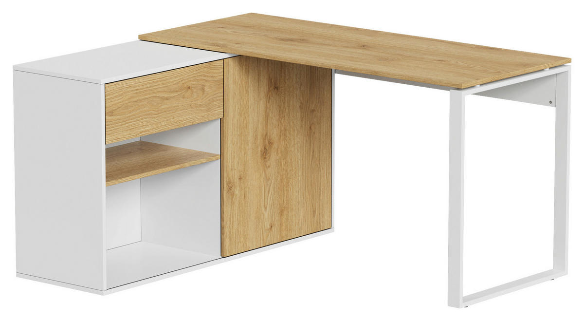 ECKSCHREIBTISCH  in Weiß, Eichefarben  - Eichefarben/Weiß, MODERN, Holzwerkstoff/Metall (140/75/118cm) - MID.YOU