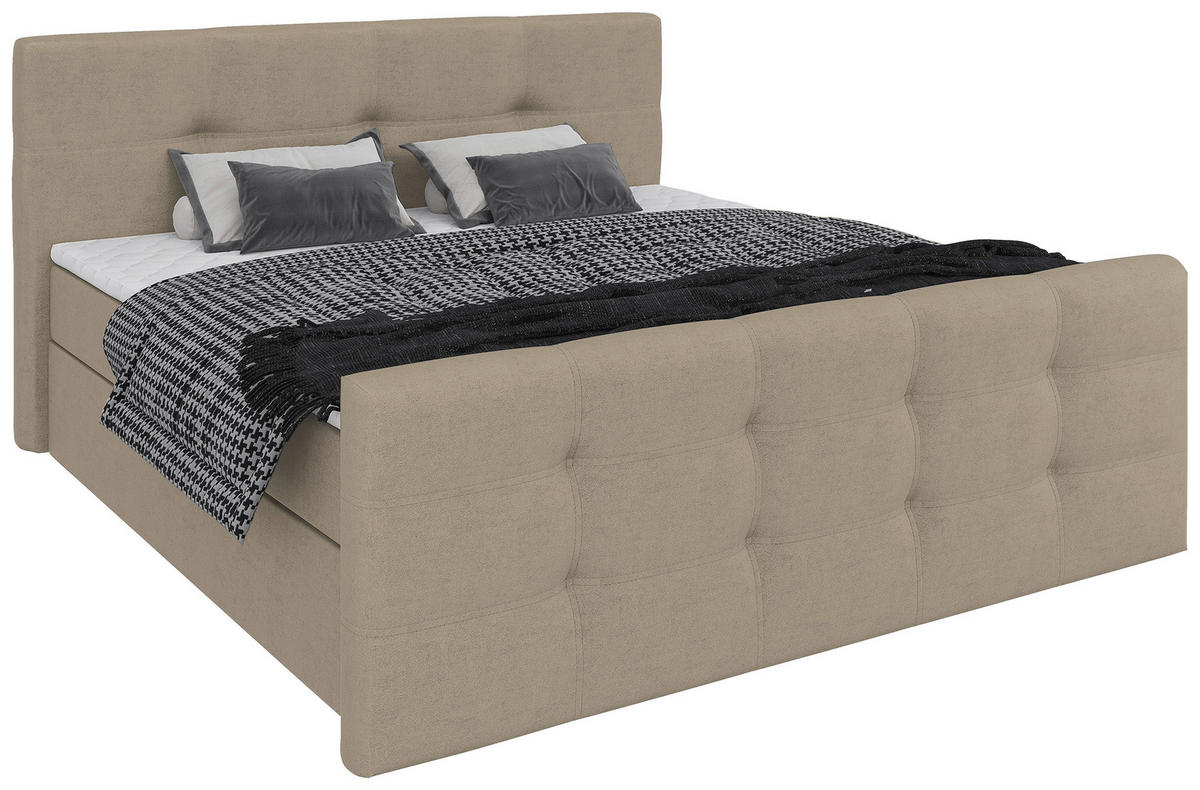 BOXBETT 180/200 cm,  in Beige, gepolstertes Kopfteil, Bettkasten, Topper, Matratzen, Wendematratze mit unterschiedlichen Härtegraden, H2 + H3 = mittel + fest  - Beige/Schwarz, Basics, Kunststoff/Textil (180/200cm) - Chameo