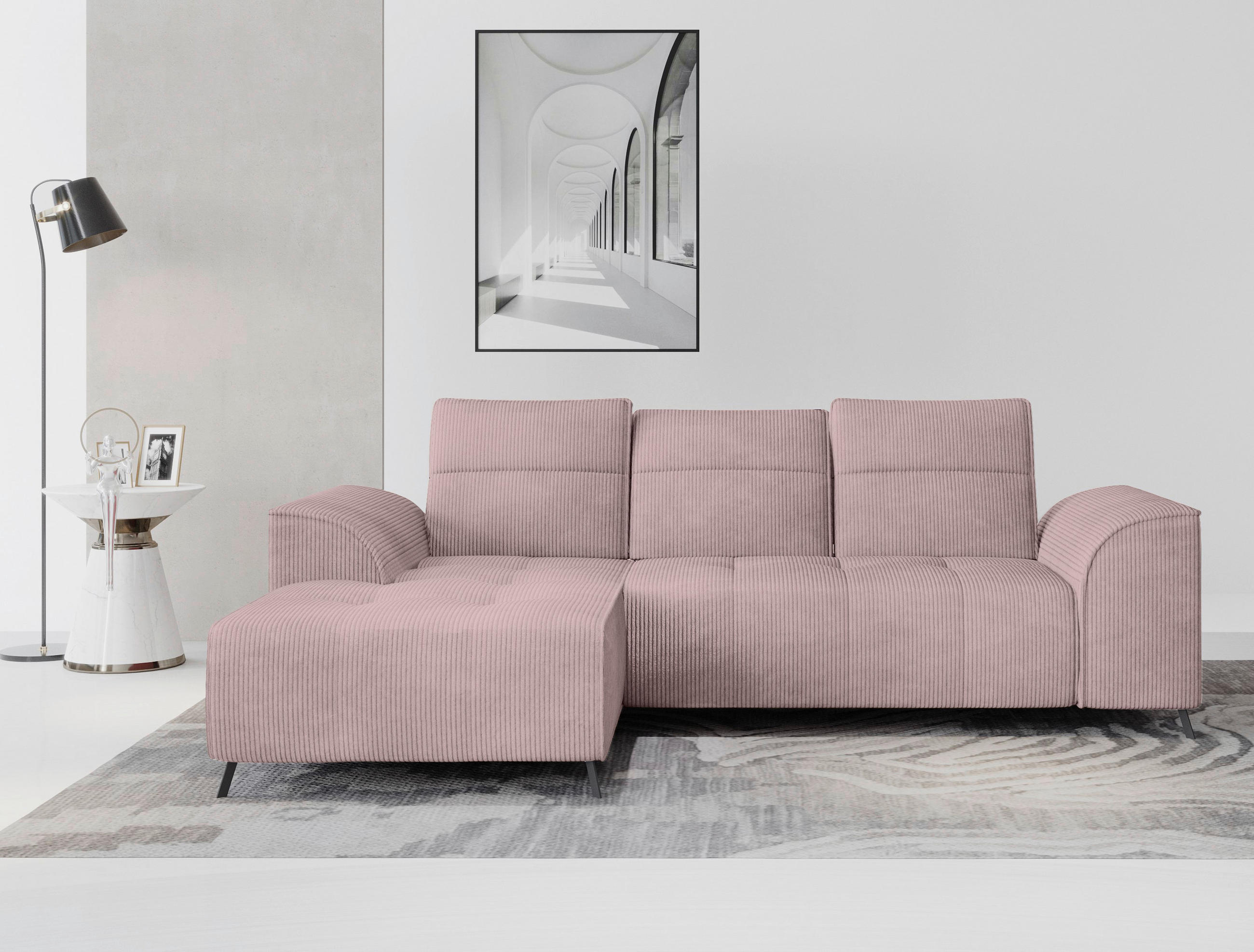 ECKSOFA Altrosa Cord  - Schwarz/Altrosa, KONVENTIONELL, Textil/Metall (196/290cm) - Carryhome