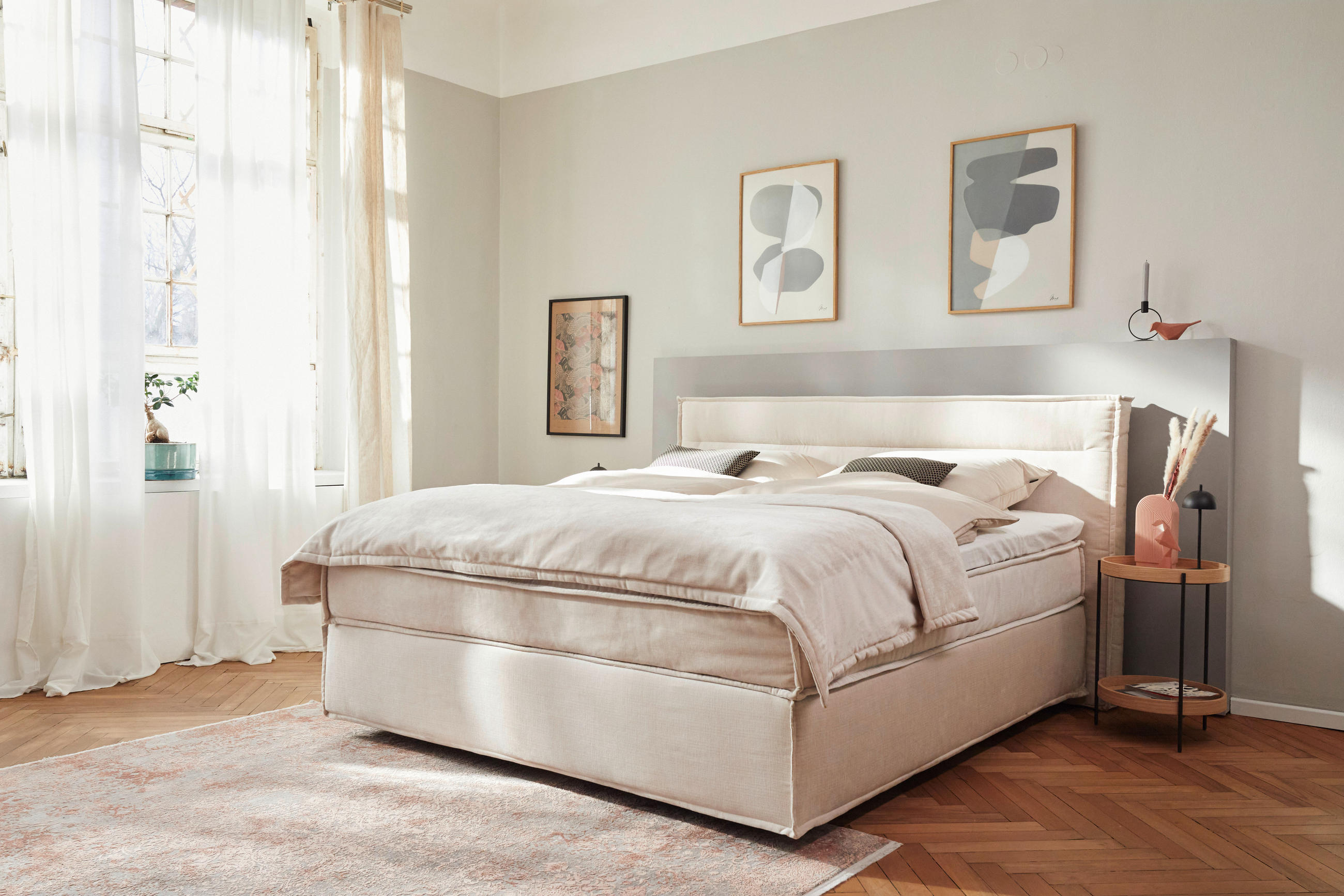 BOXSPRINGBETT 180/200 cm,  in Creme, Topper, H2 + H3 = mittel + fest  - Creme, Design, Kunststoff/Textil (180/200cm) - Musterring