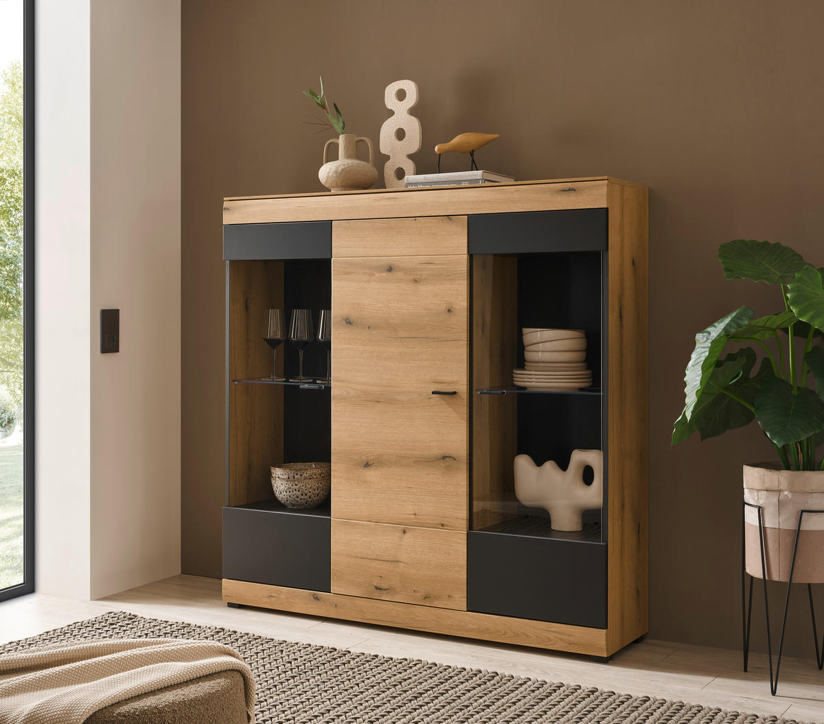 HIGHBOARD , 140/141/35 cm,  - Eichefarben/Schwarz, Design, Glas/Holzwerkstoff (140/141/35cm) - MID.YOU