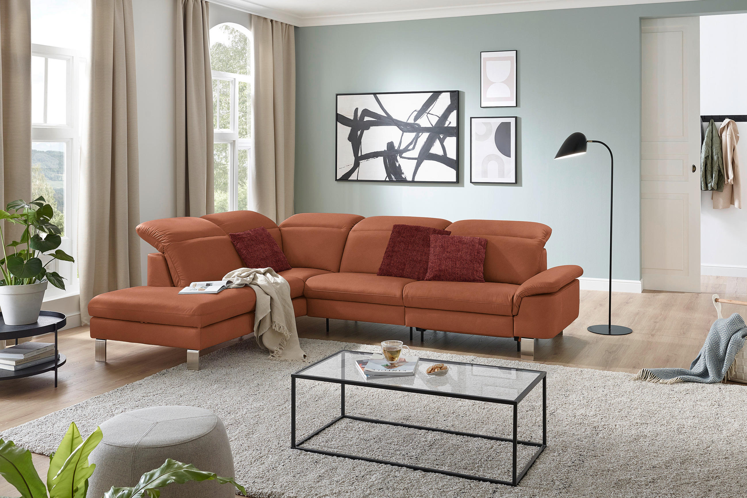 ECKSOFA in Echtleder Cognac  233/309 cm  - Edelstahlfarben/Cognac, Design, Leder/Metall (233/309cm) - Dieter Knoll
