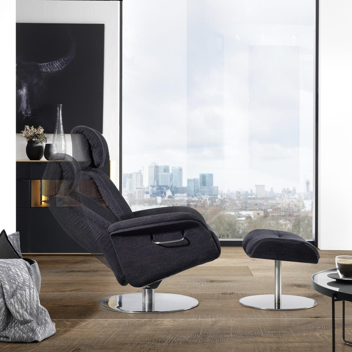 RELAXSESSEL Flachgewebe Relaxfunktion, Kopfteilverstellung    - Schwarz, Design, Textil/Metall (76/104-113/84cm) - Welnova