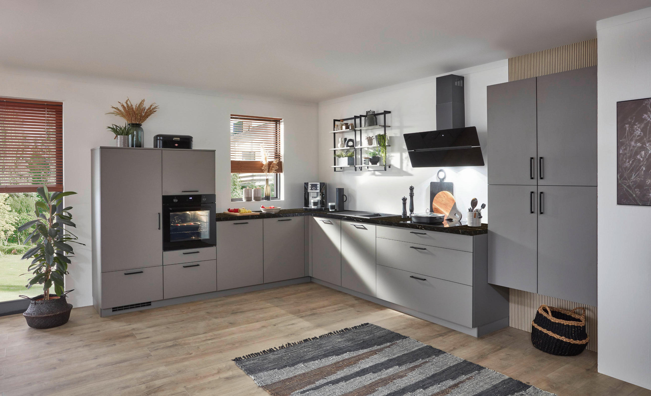 EINBAUKÜCHE 615  - Schwarz/Grau, Design, Holzwerkstoff/Metall (305/395cm) - Nobilia