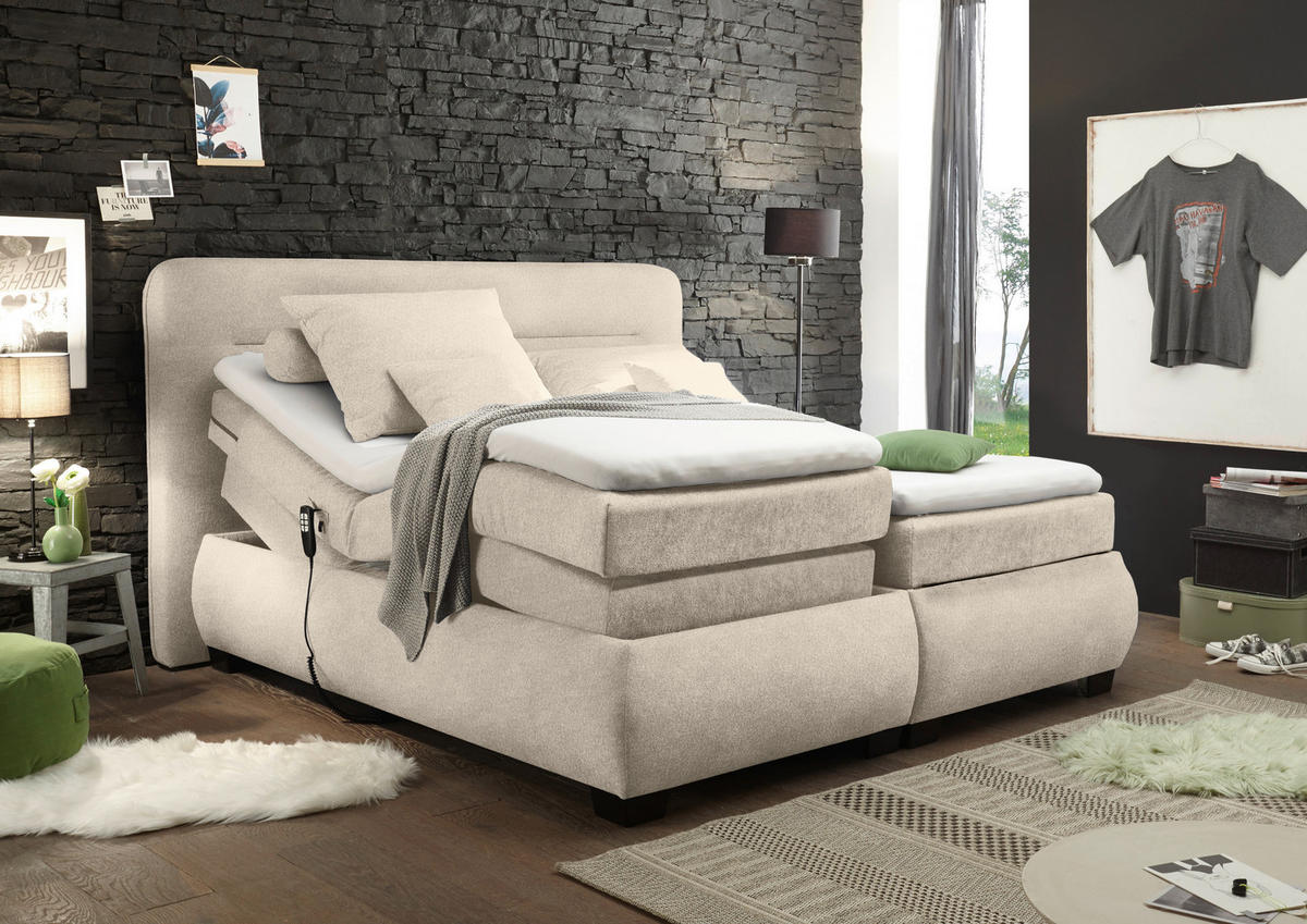 KONTINENTALSÄNG 160/200 cm  i sandfärgad  - sandfärgad/svart, Klassisk, textil/plast (160/200cm) - MID.YOU