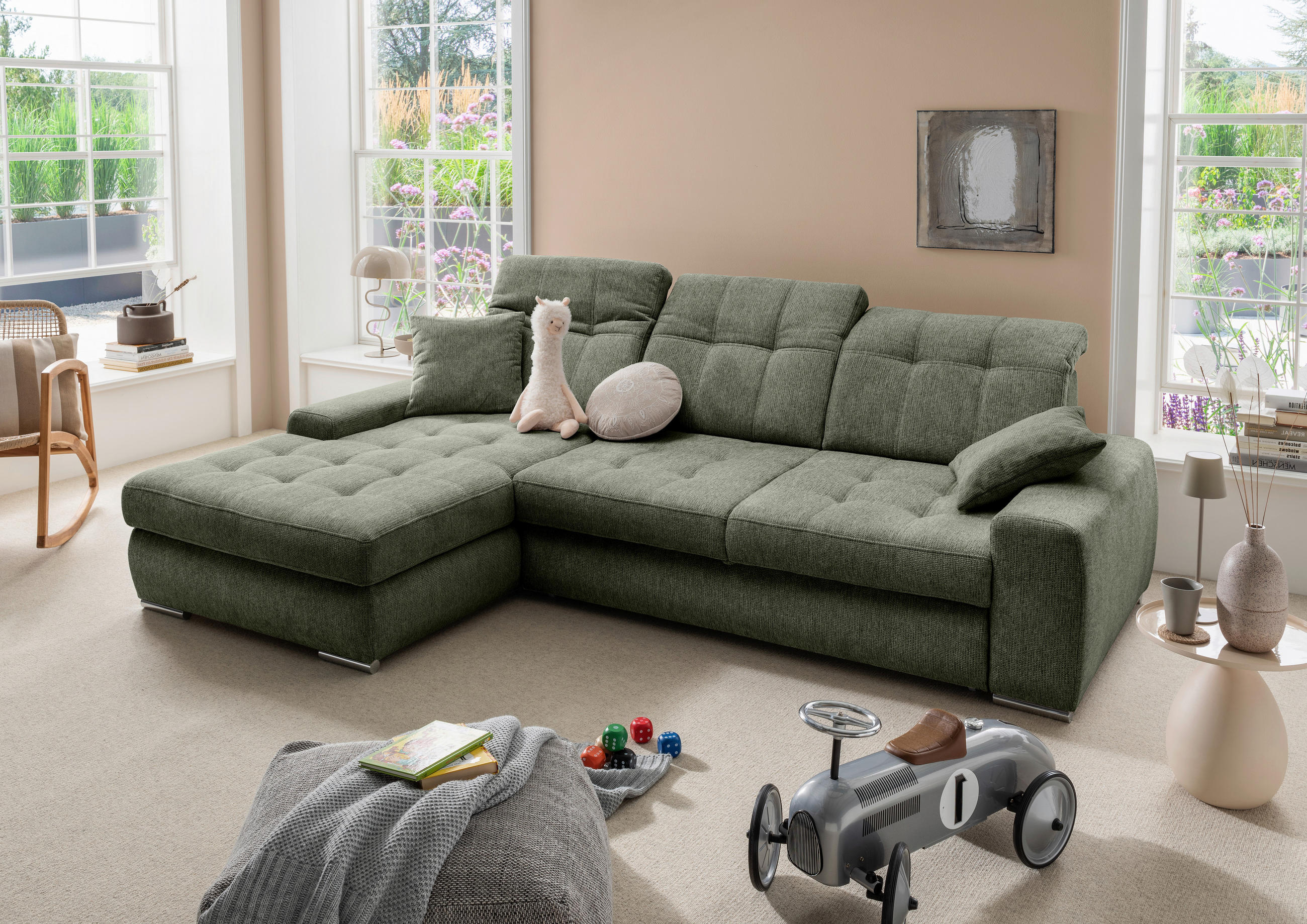 ECKSOFA Chenille Dunkelgrün  - Chromfarben/Dunkelgrün, Konventionell, Textil/Metall (186/283cm) - Livetastic