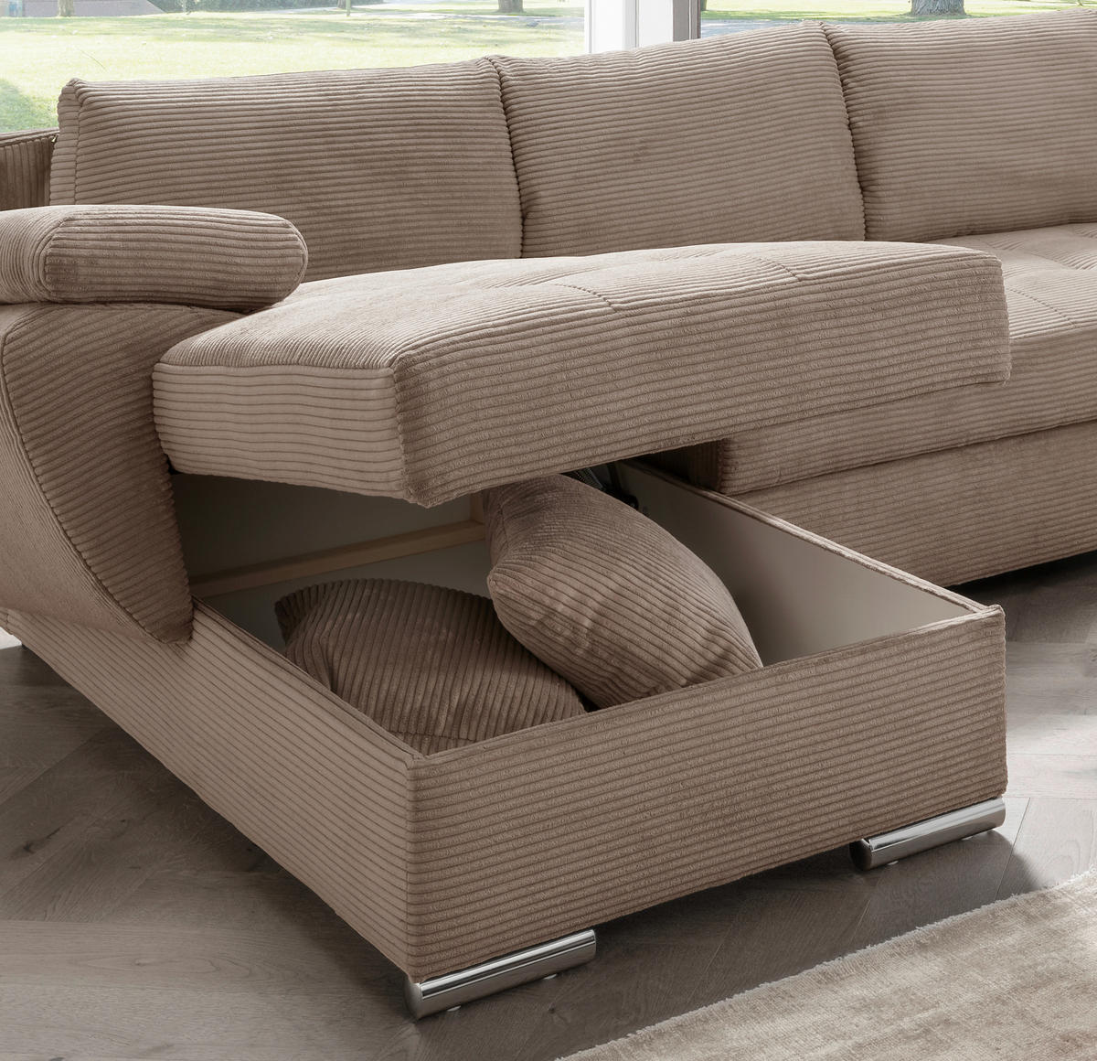 WOHNLANDSCHAFT in Cord Graubraun  - Chromfarben/Graubraun, Konventionell, Textil/Metall (157/305/219cm) - Livetastic