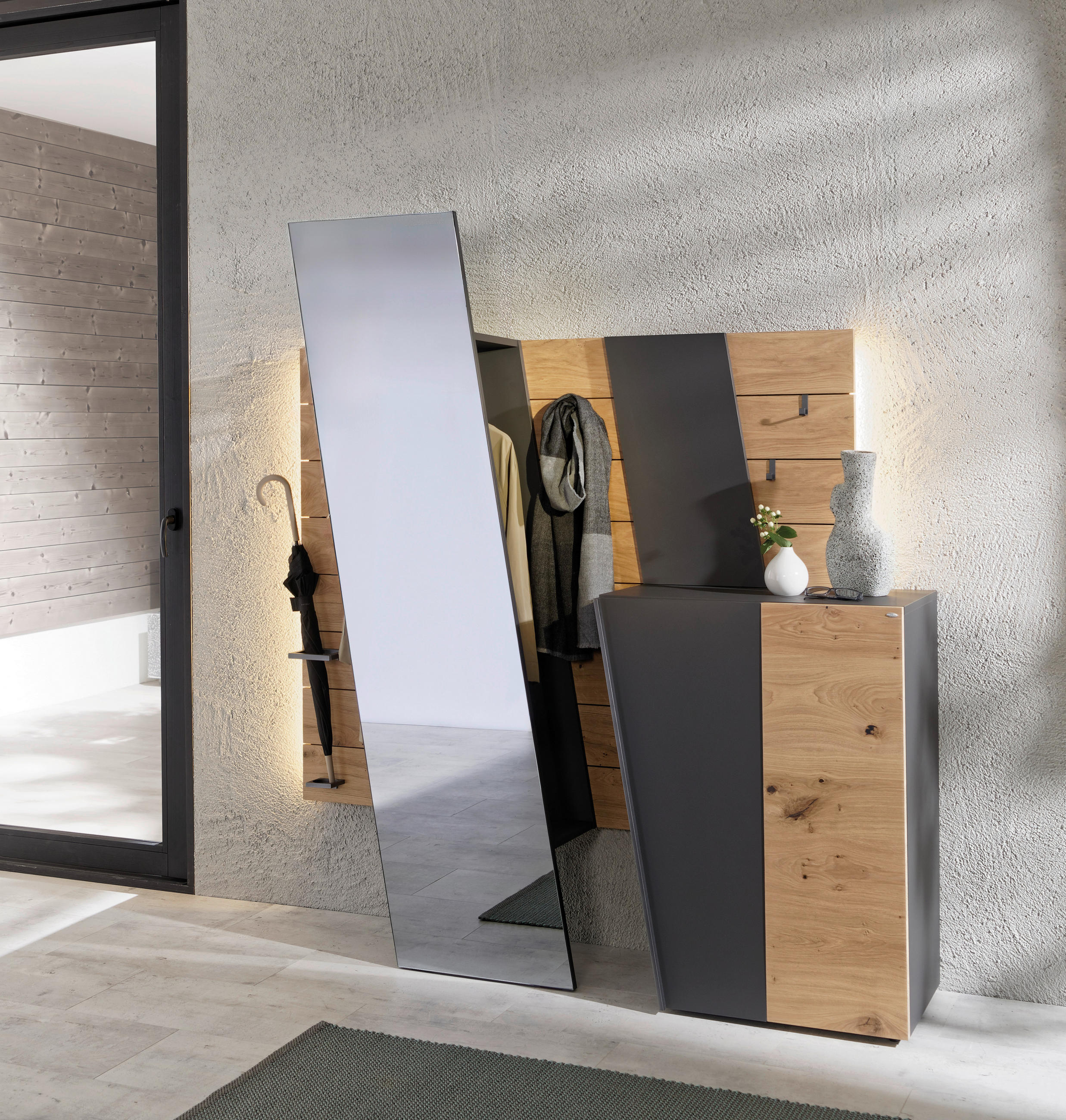 GARDEROBE 3-teilig  in 174/192,5/44,3 cm  - Wildeiche/Graphitfarben, Natur, Glas/Holz (174/192,5/44,3cm) - Voglauer