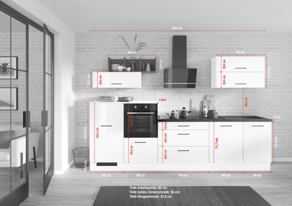 KÜCHENLEERBLOCK 320 cm   in Weiß Hochglanz  - Weiß Hochglanz/Schwarz, Design, Holzwerkstoff/Metall (320cm) - Impuls