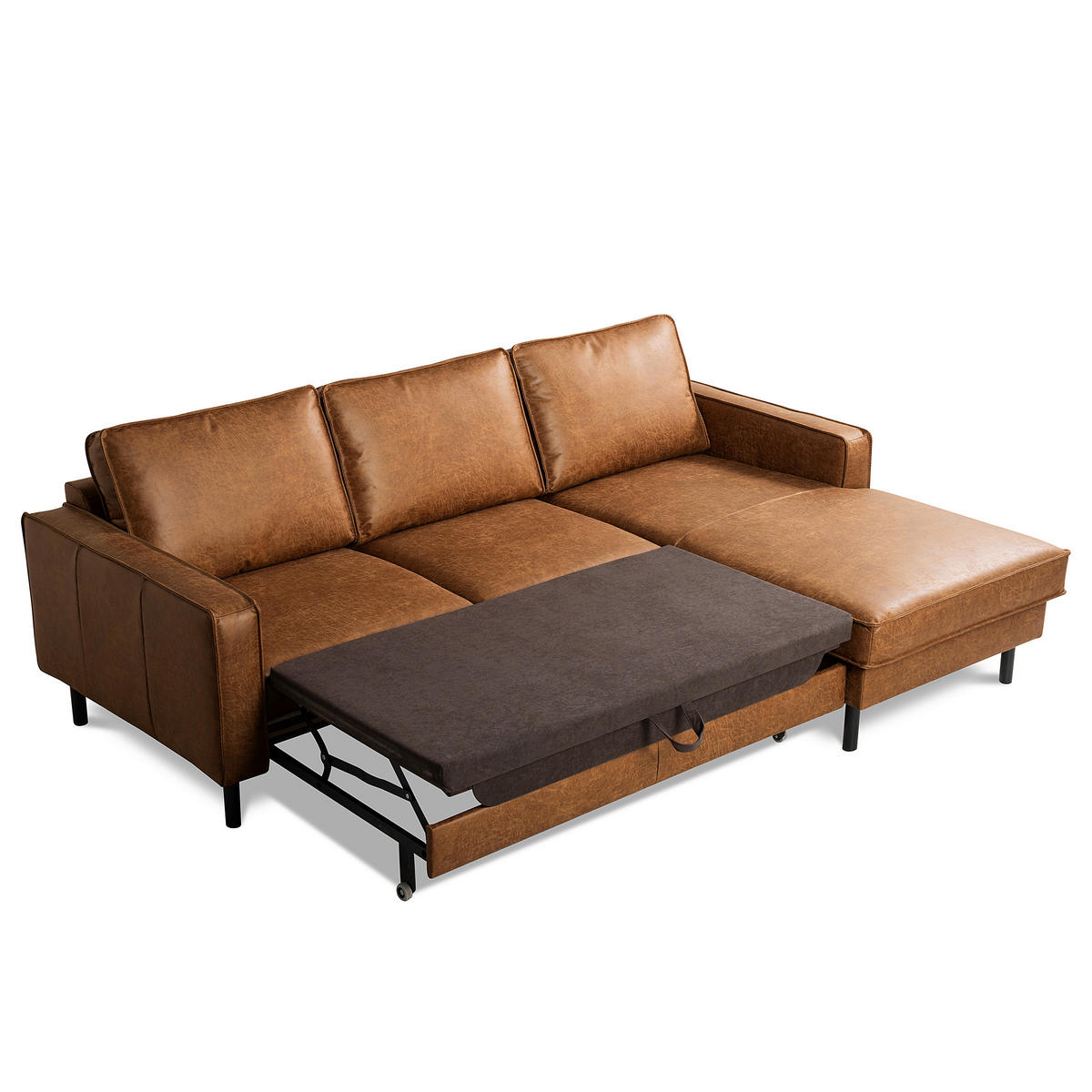 ECKSOFA Hellbraun Echtleder Lederlook Bettkasten, Schlaffunktion, Rücken echt  - Hellbraun/Schwarz, Design, Leder/Textil (166/238cm) - Livetastic