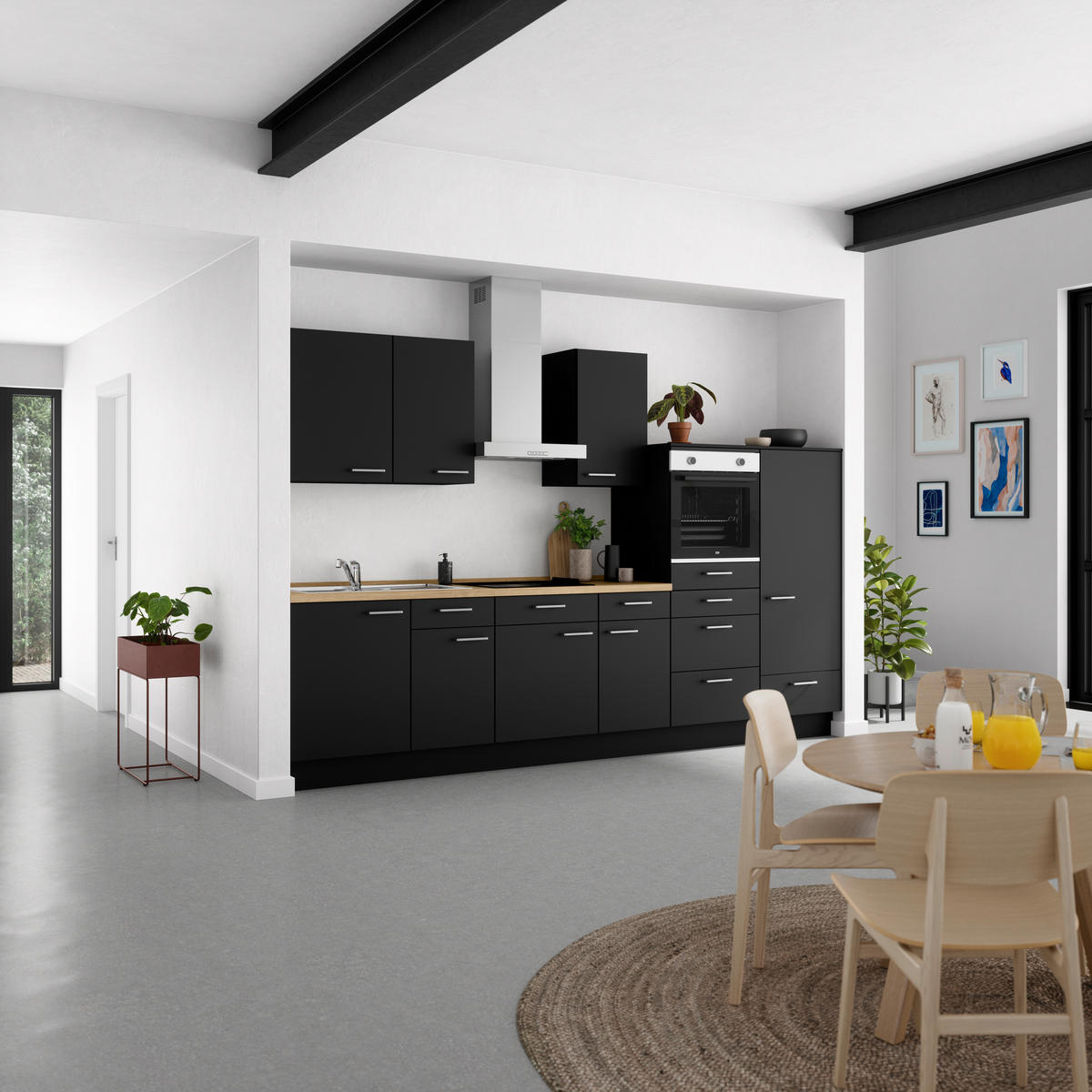 KÜCHENLEERBLOCK 330 cm   in Schwarz, Eichefarben  - Edelstahlfarben/Eichefarben, MODERN, Holzwerkstoff/Metall (330cm) - Nobilia