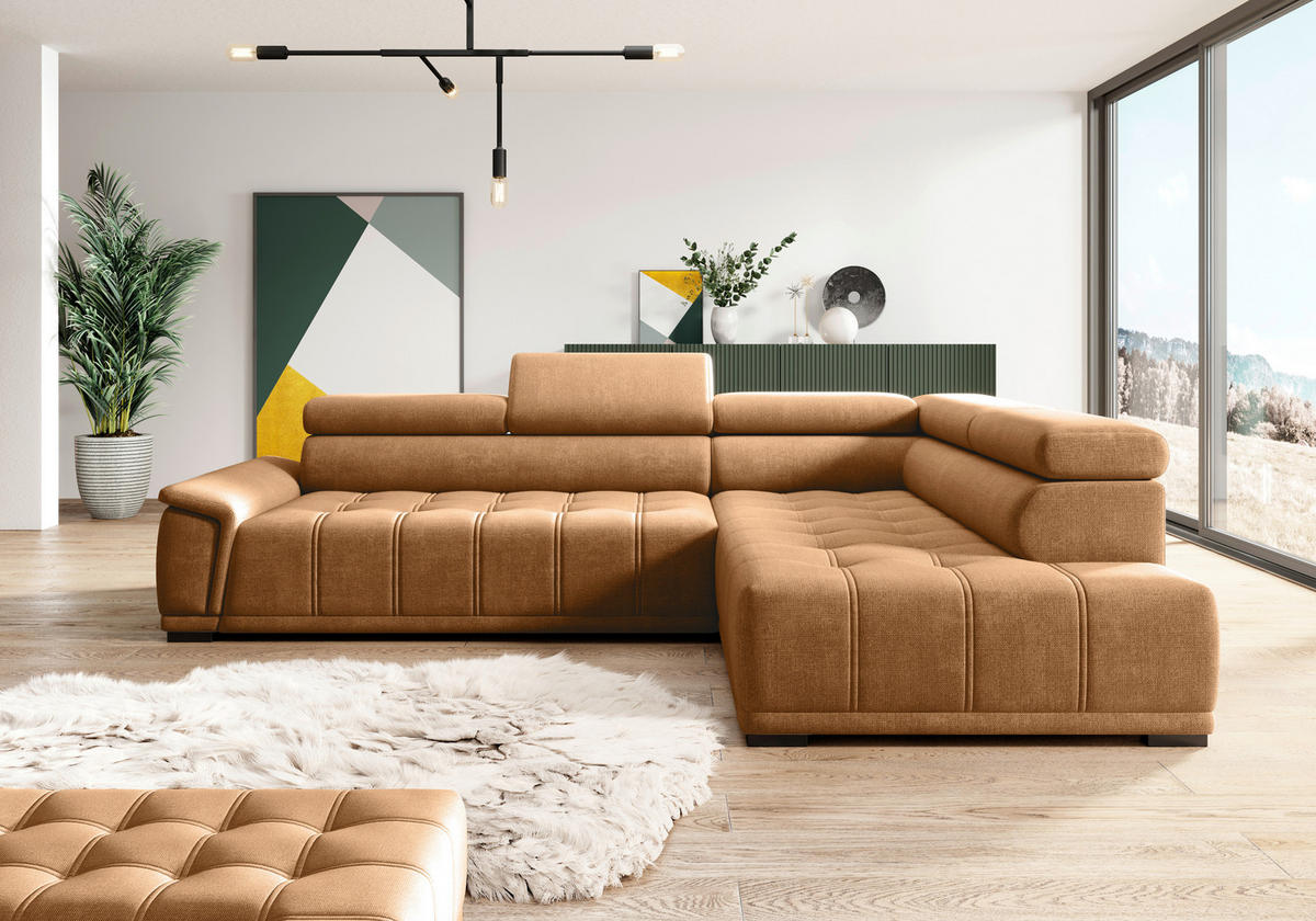 HÖRNSOFFA i chenille, vävt tyg rostfärgad  - svart/rostfärgad, Modern, textil/plast (283/106cm) - MID.YOU